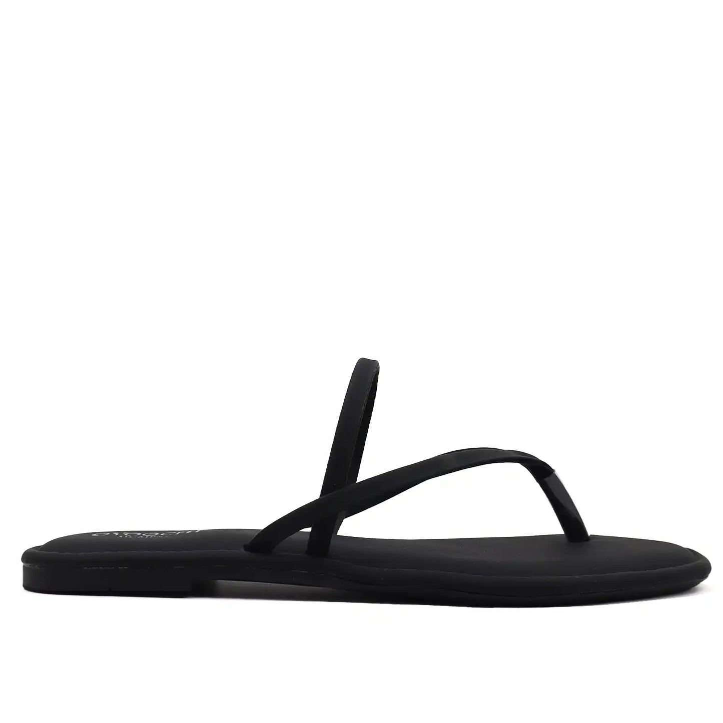 Women's black flat sandals, side profile view 