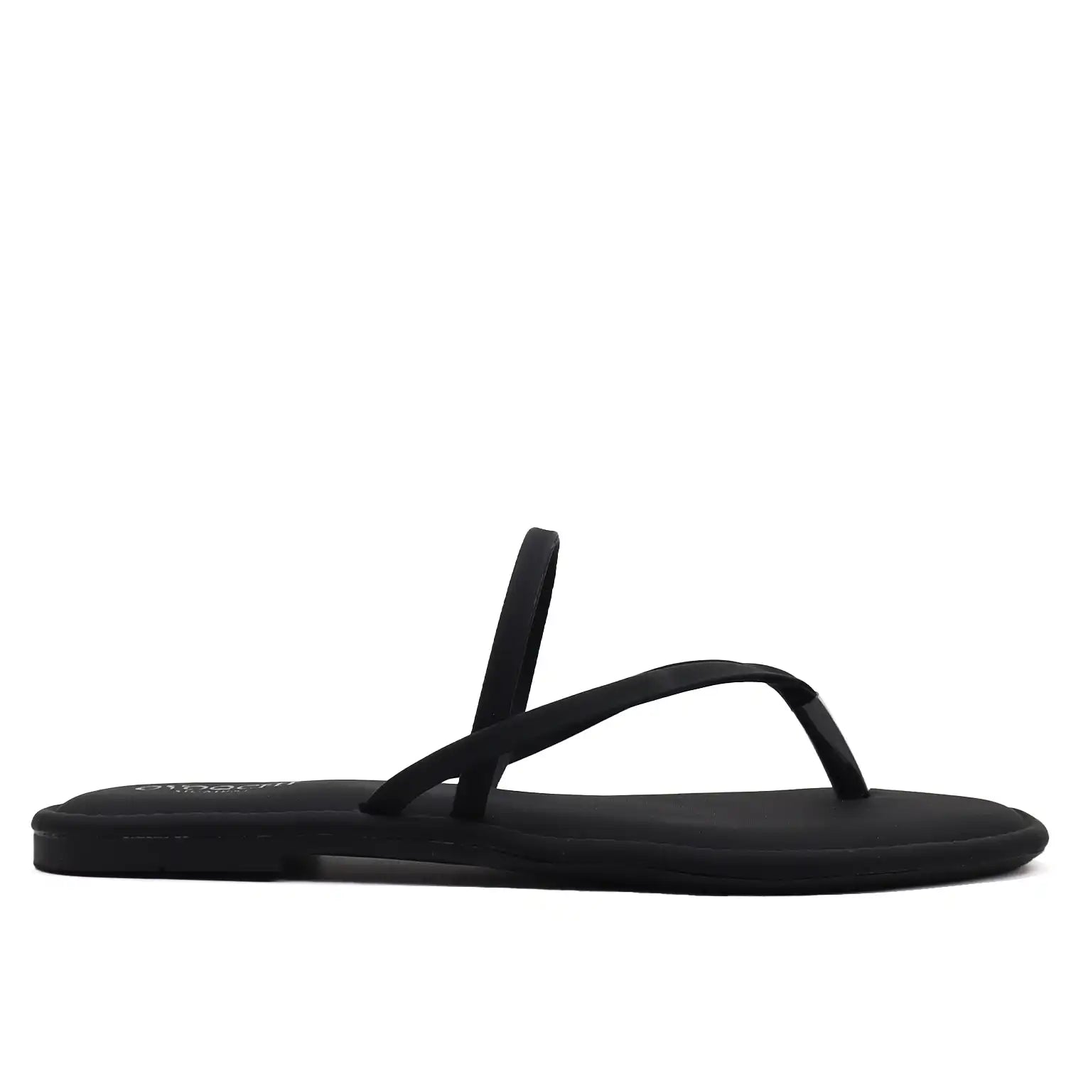 Women's black flat sandals, side profile view 