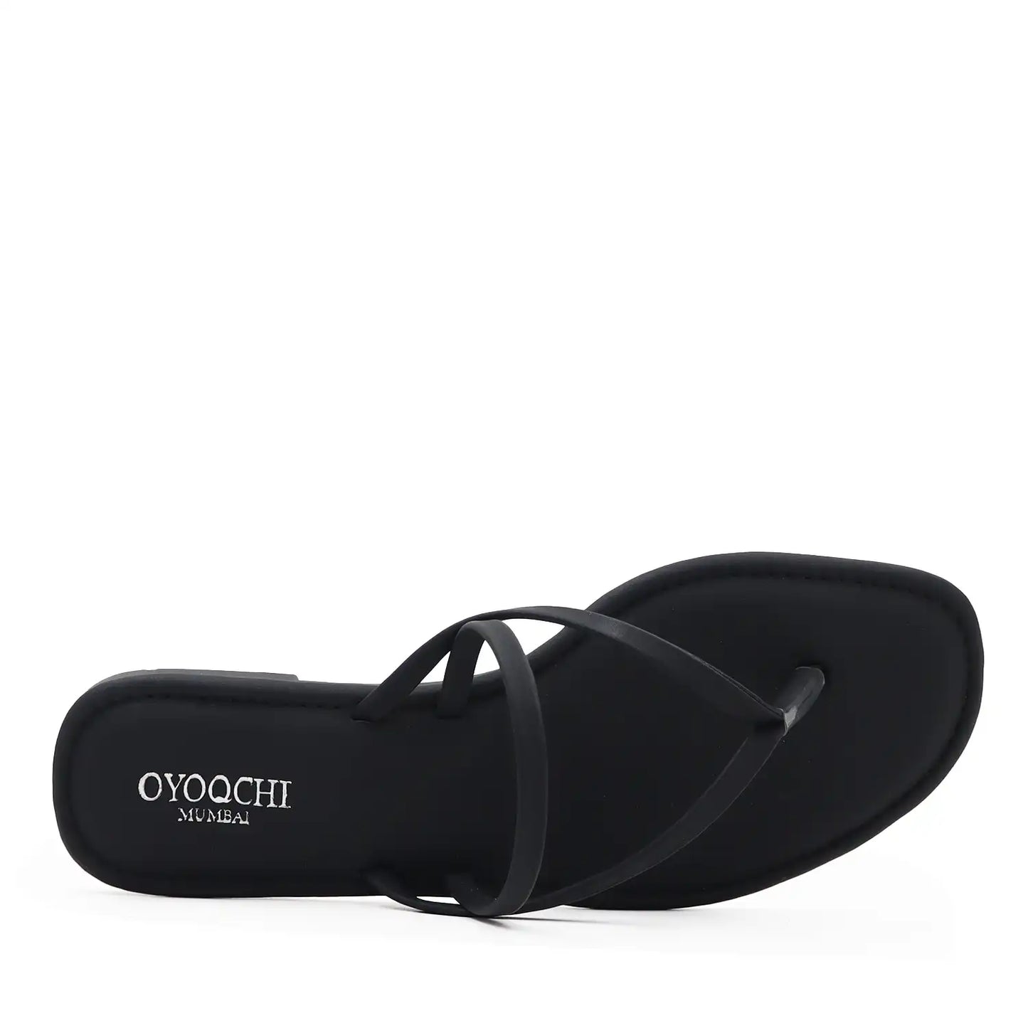 Oyoqchi women's black flat sandals, top view
