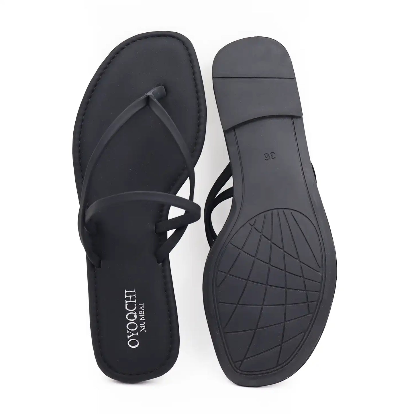 Oyoqchi women's black flat sandals, top and sole view