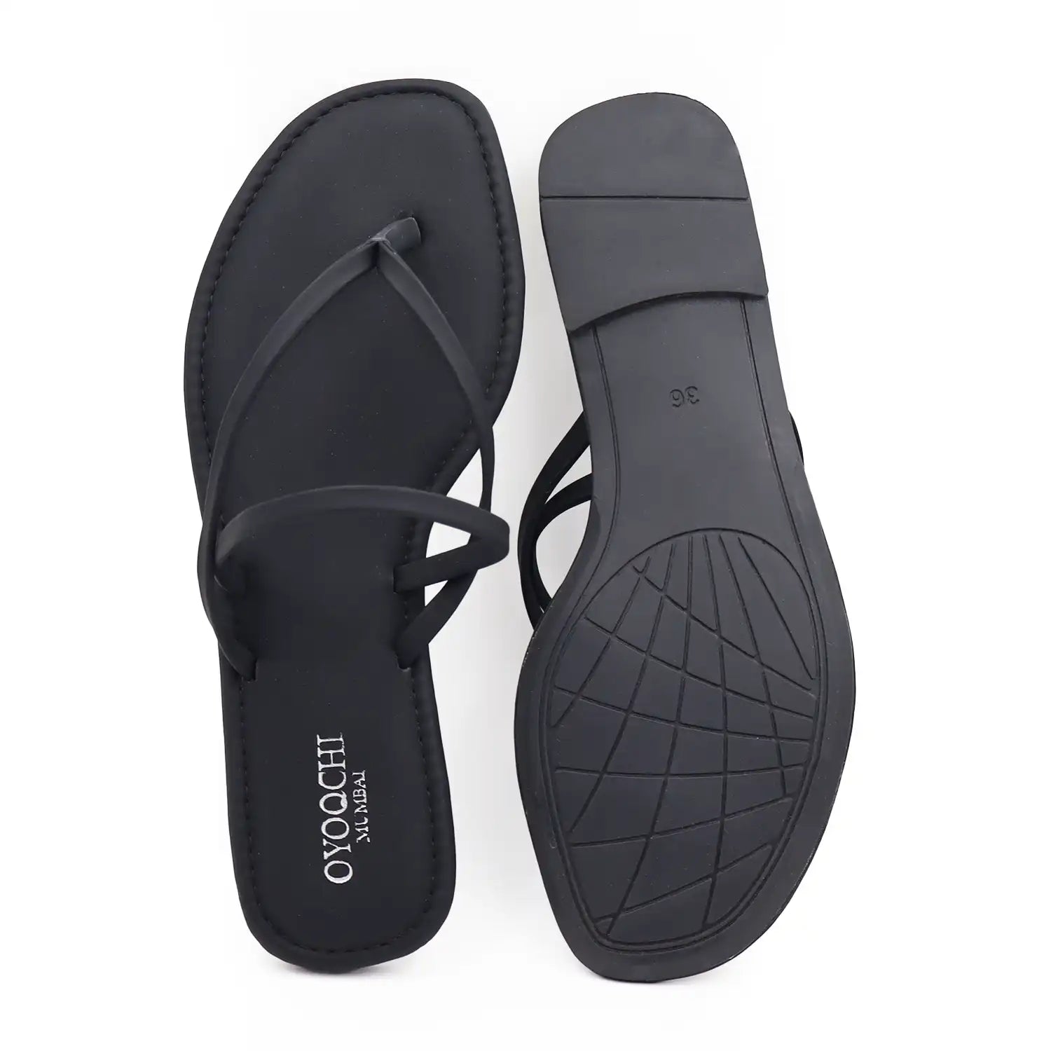 Oyoqchi women's black flat sandals, top and sole view