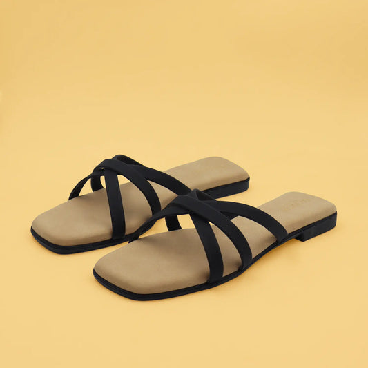 Pair view of oyoqchi's black flat strappy sandals for women.