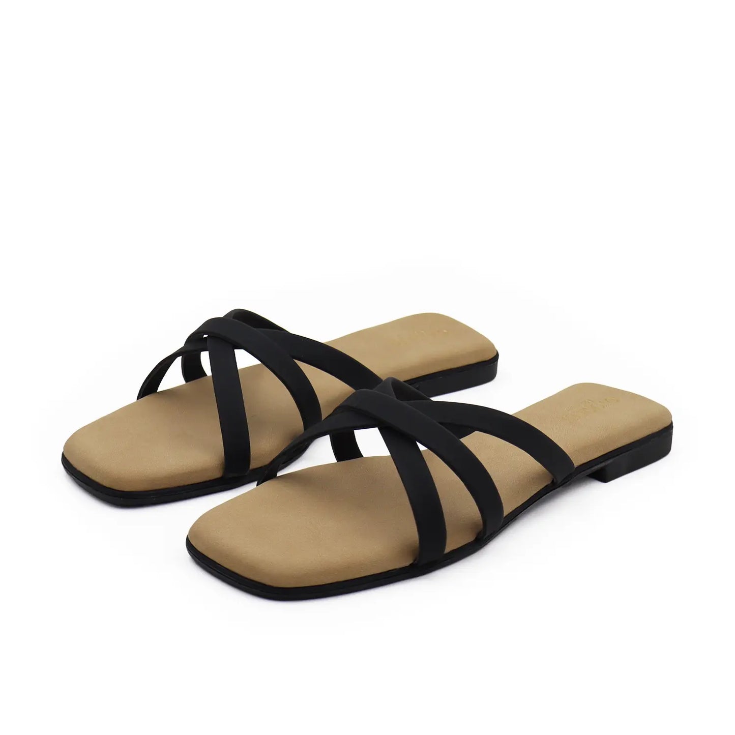 Oyoqchi's black flat strappy sandals for women, angled pair view