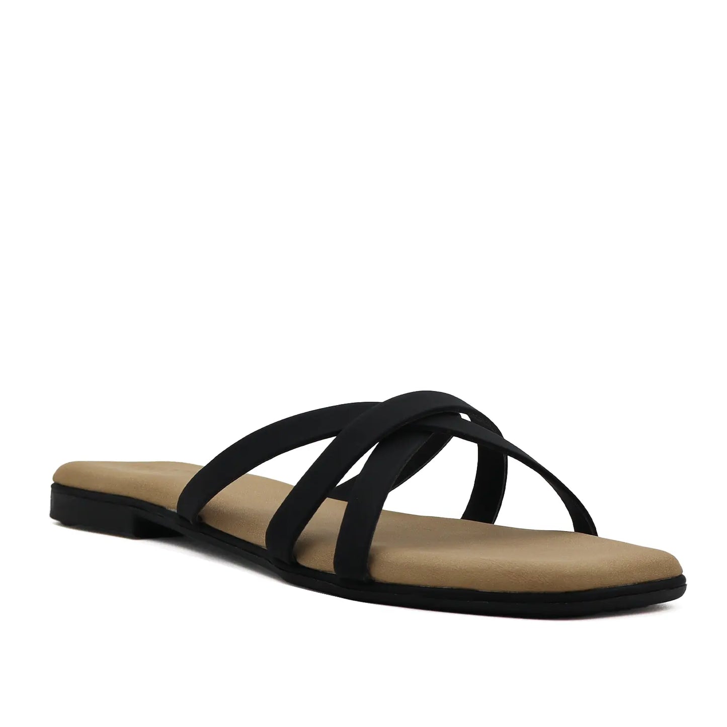 Side view of oyoqchi's black flat strappy sandals for women.