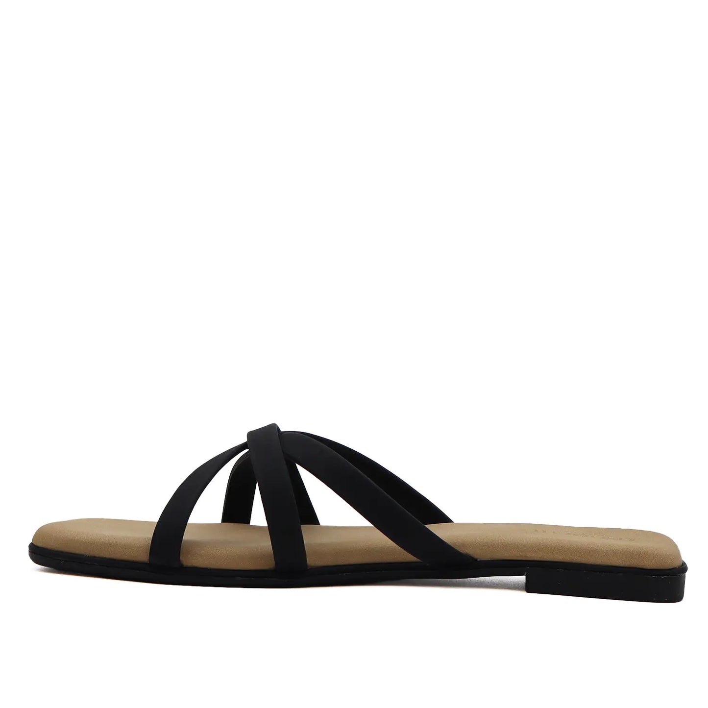 Women's black flat strappy sandal, side profile view