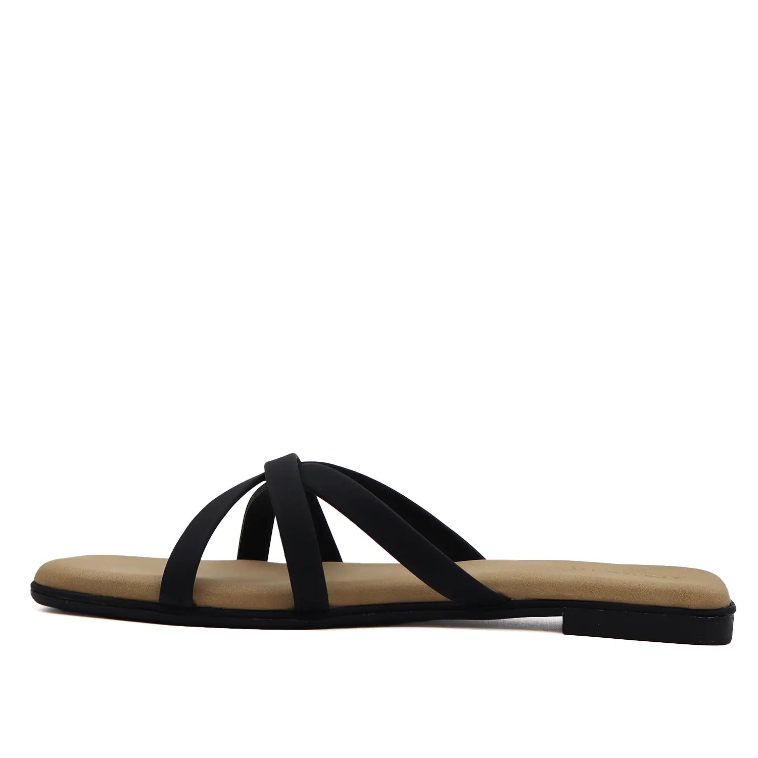 Women's black flat strappy sandal, side profile view