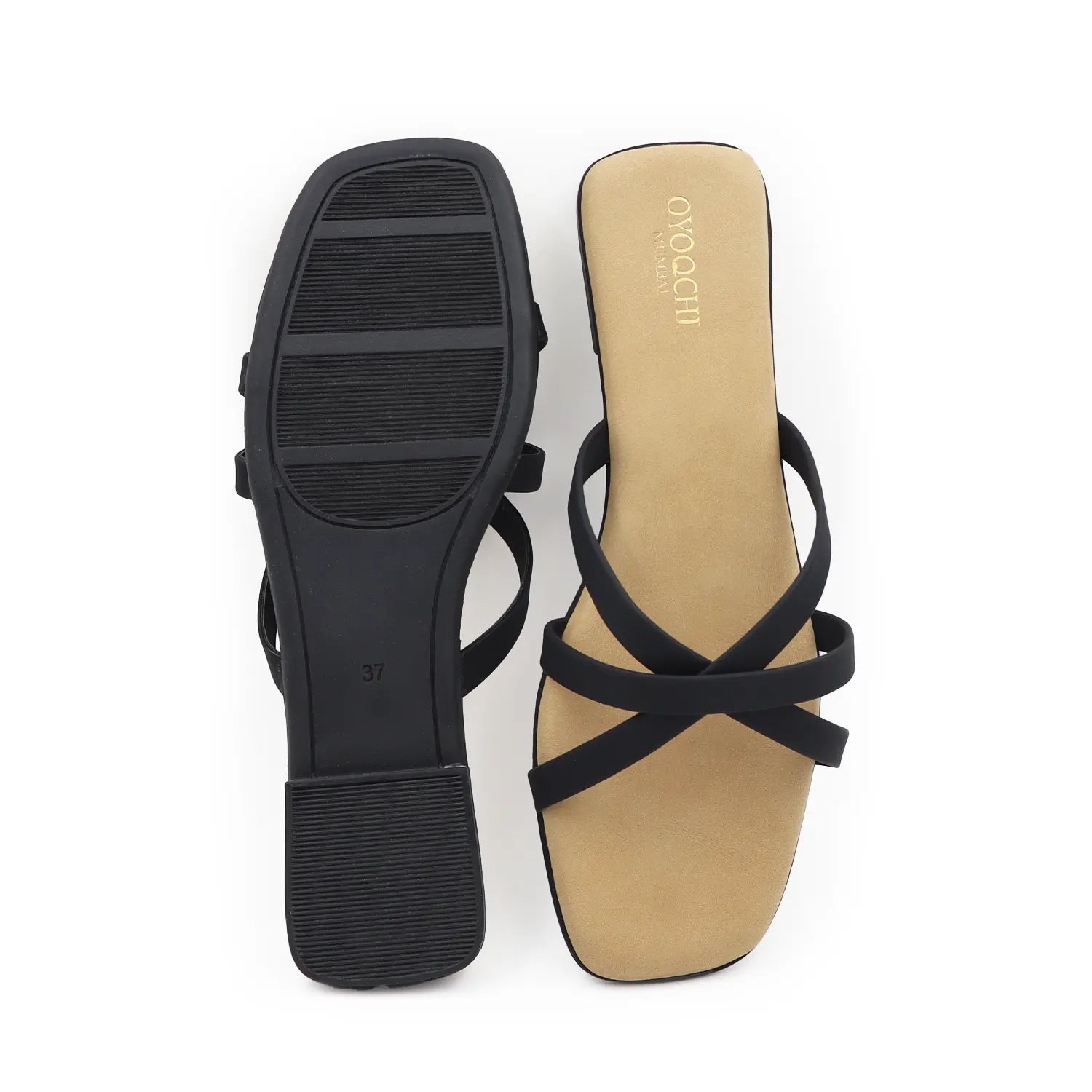 Oyoqchi's black strappy sandal with beige insole for women on a white background
