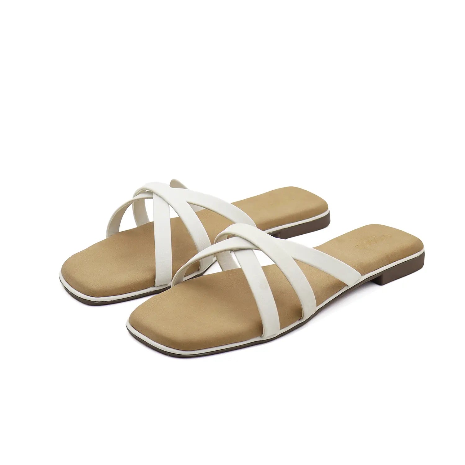 Angled pair view of oyoqchi's white flat strappy sandals for women.