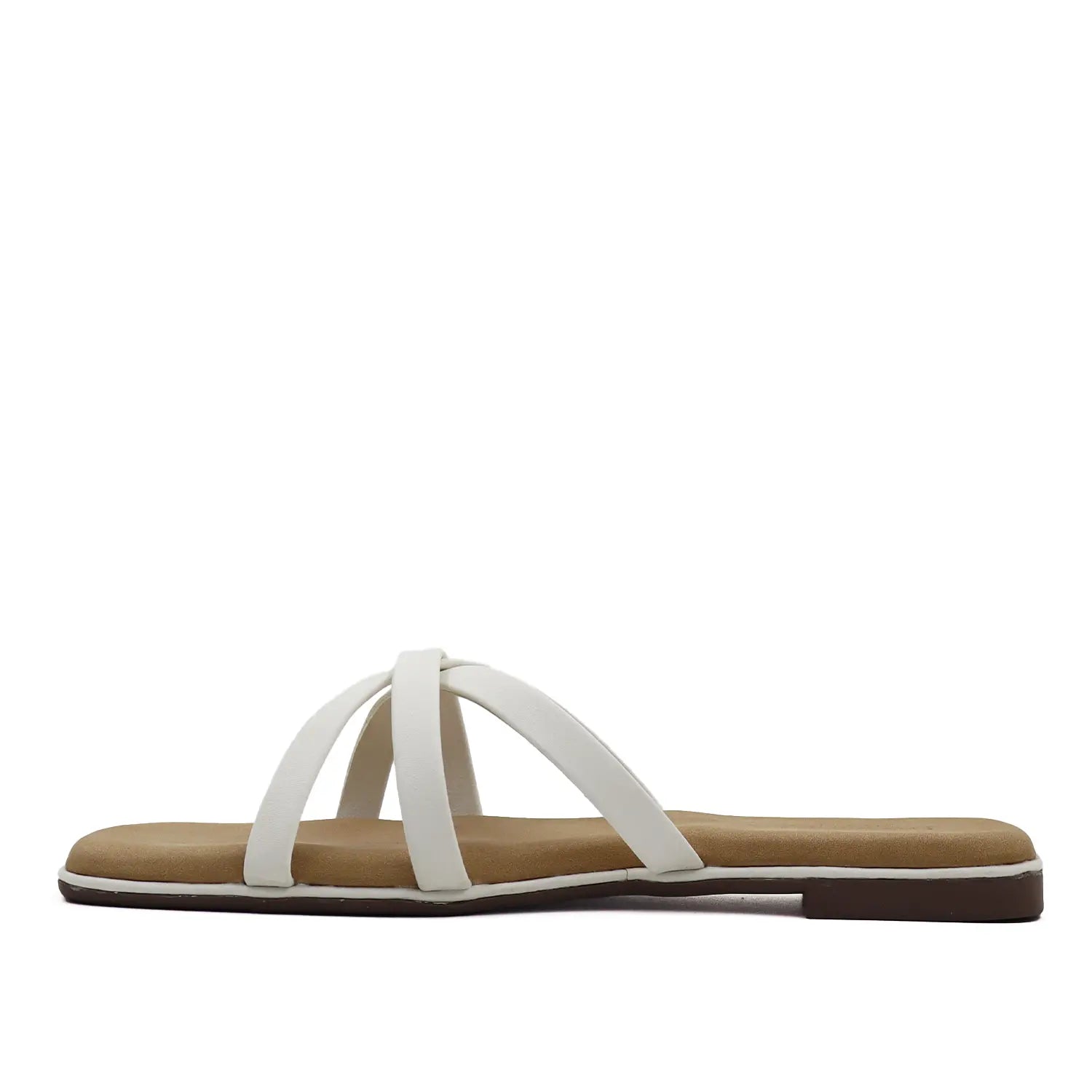 Side profile view of white flat strappy sandals for women.