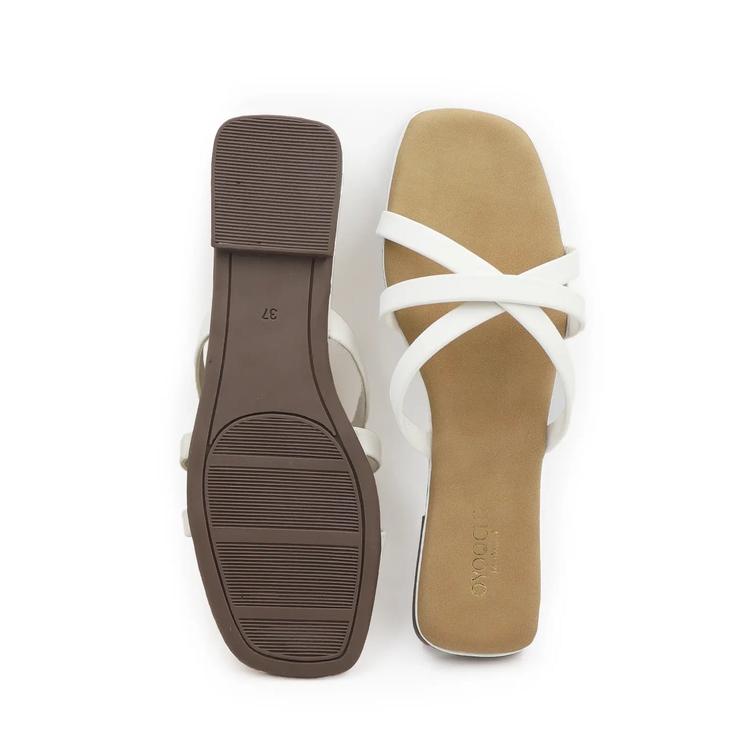Top and sole  view of oyoqchi's white flat strappy sandals for women.