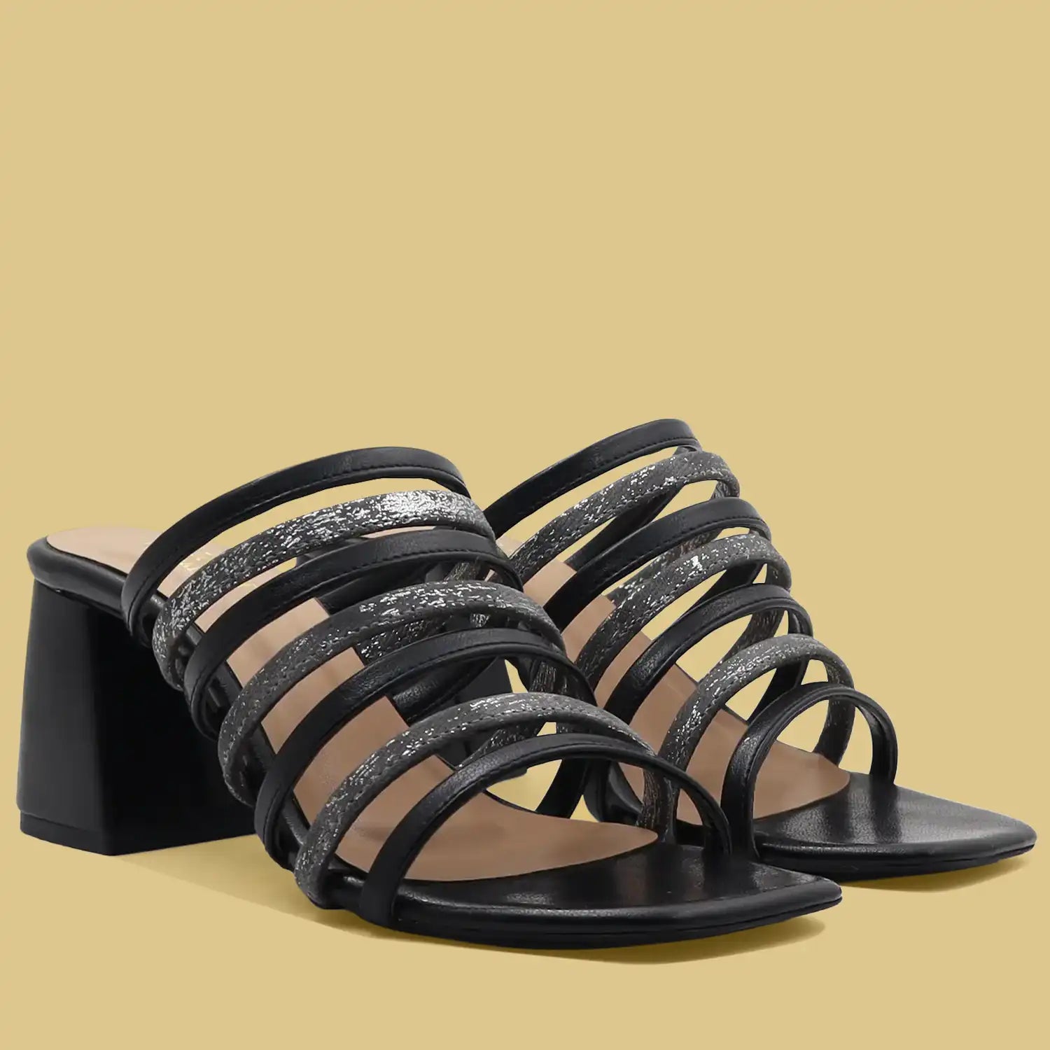 Black strappy block heel sandals for women pair view
