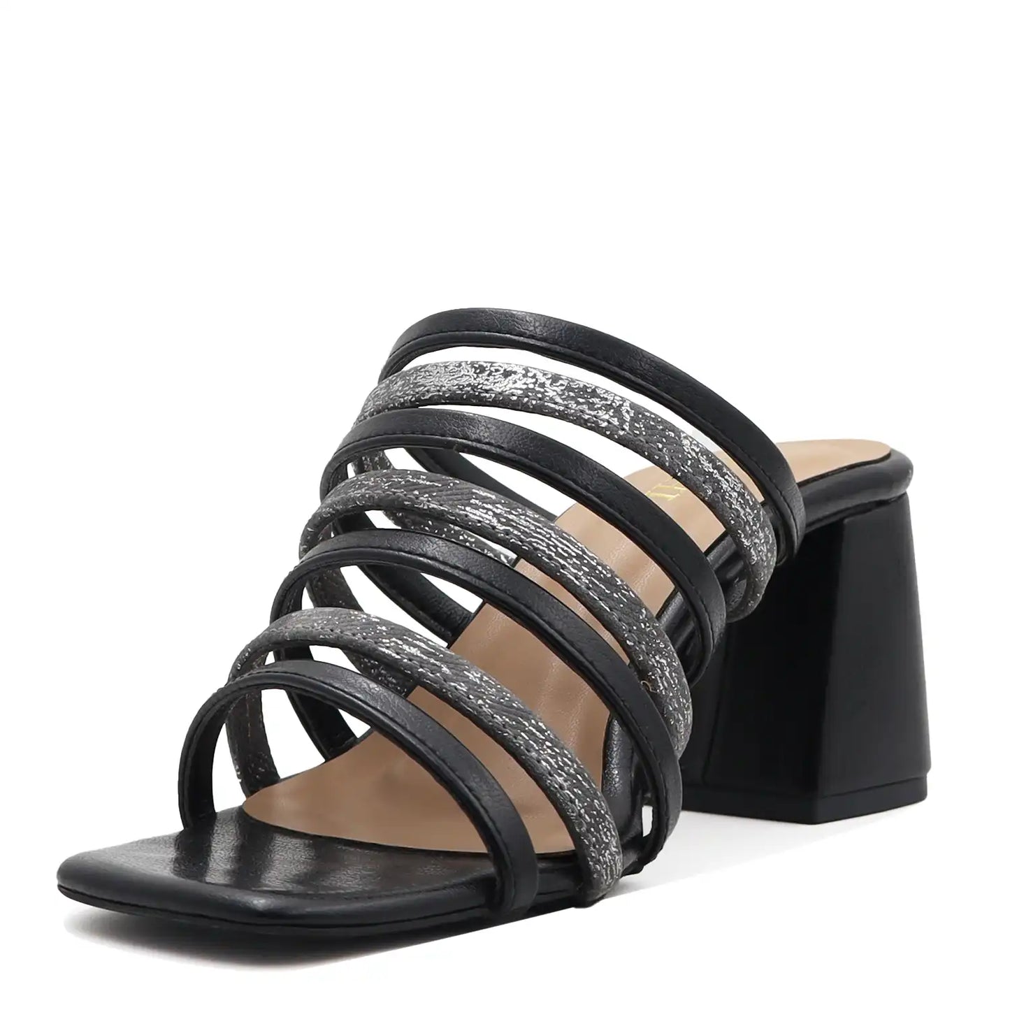 Black strappy block heel sandals for women angled left side view