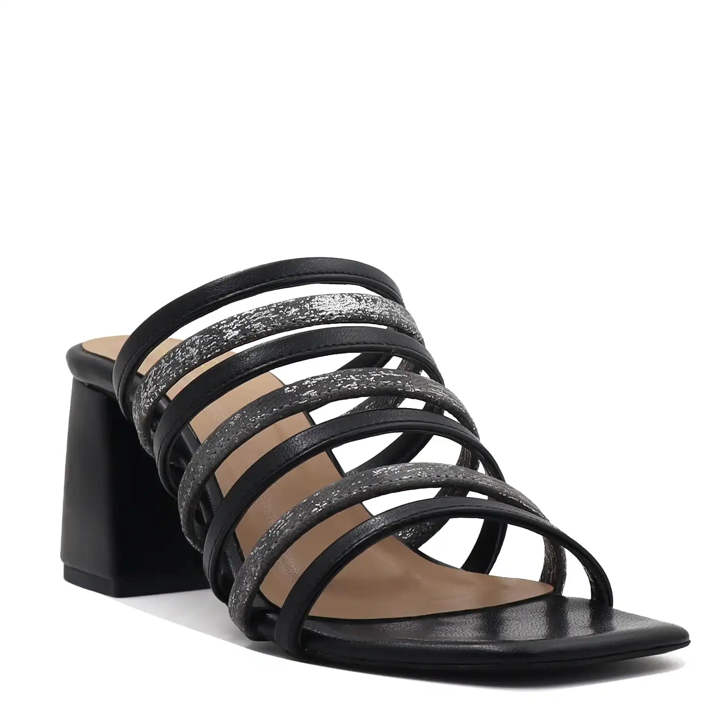 Black strappy block heel sandals for women side view