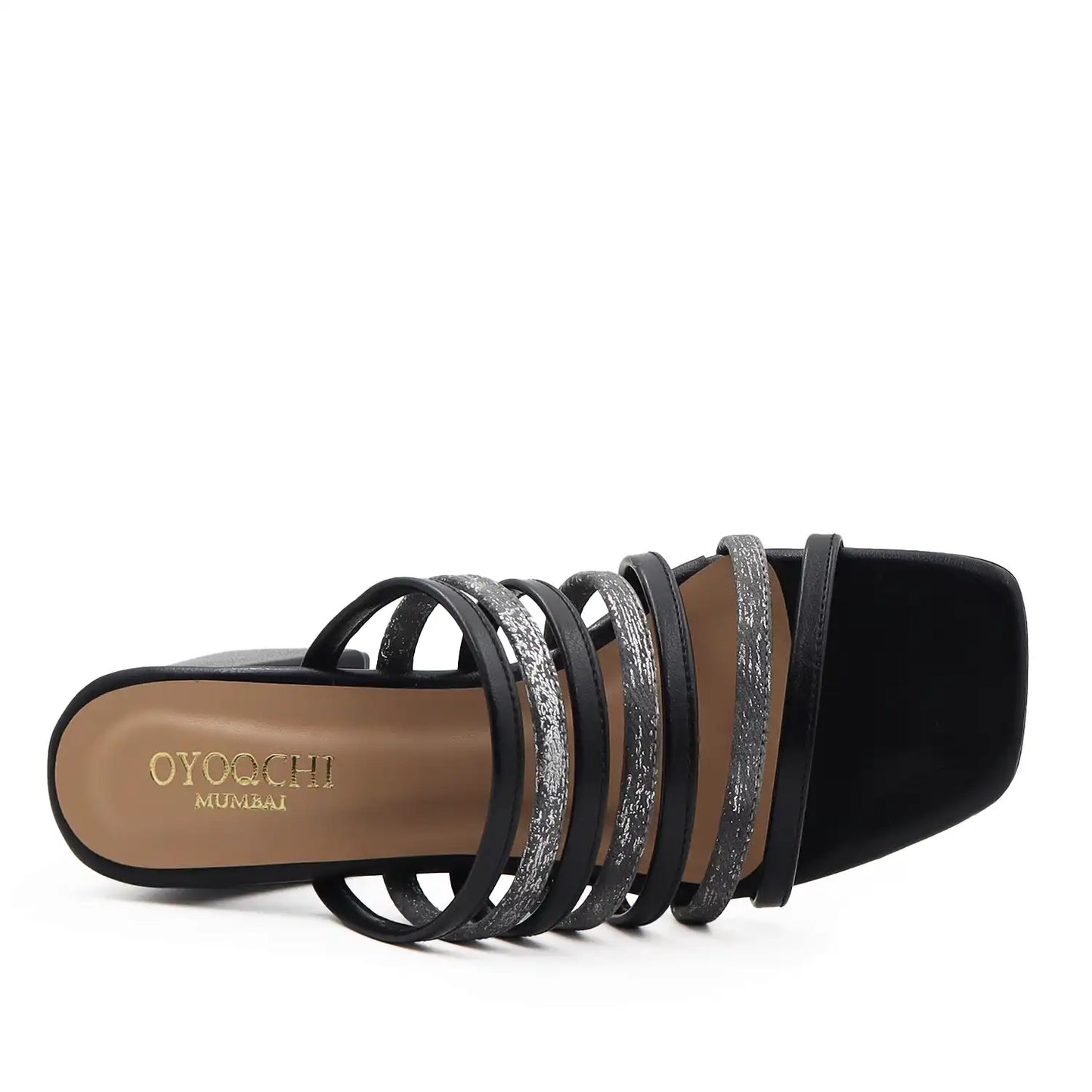 Black strappy block heel sandals for women top view