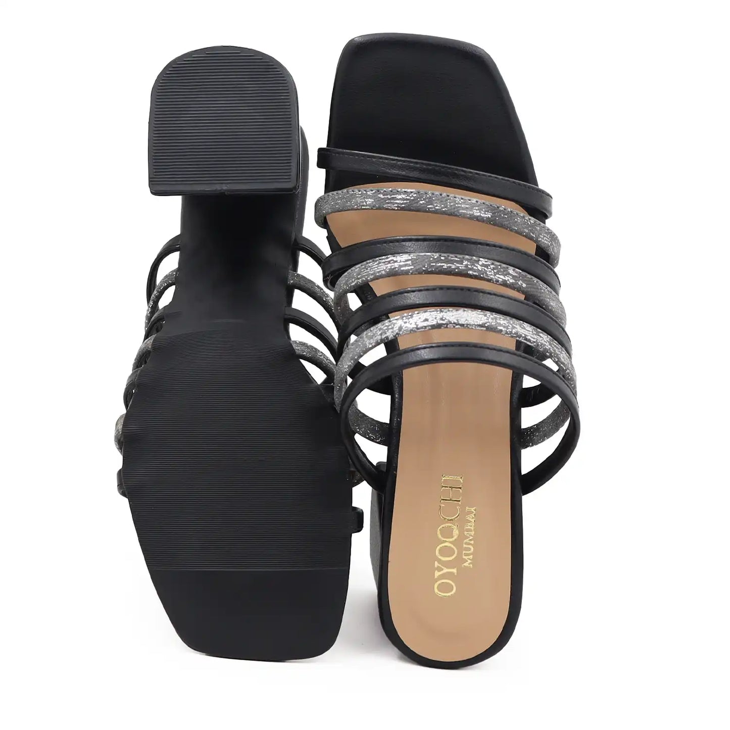 Black strappy block heel sandals for women sole and top view