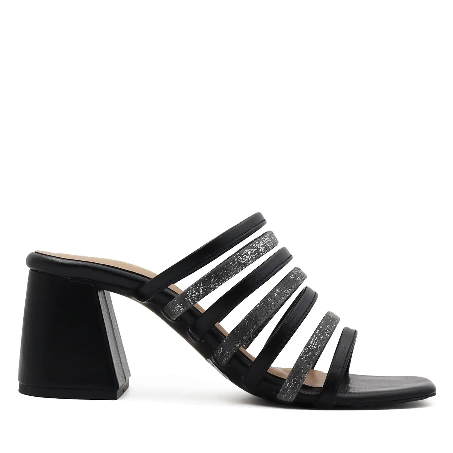 Black strappy block heel sandals for women full profile view