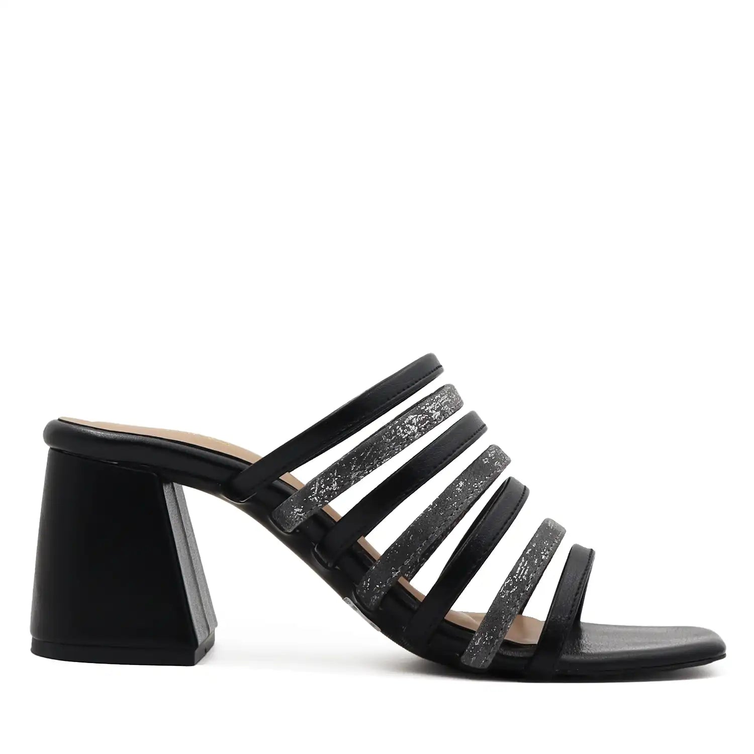 Black strappy block heel sandals for women full profile view