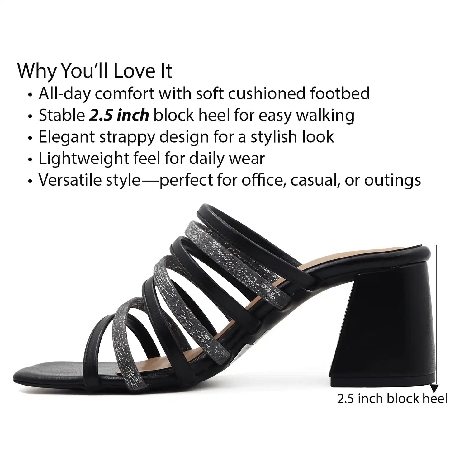 Black strappy block heel sandals for women product detail view