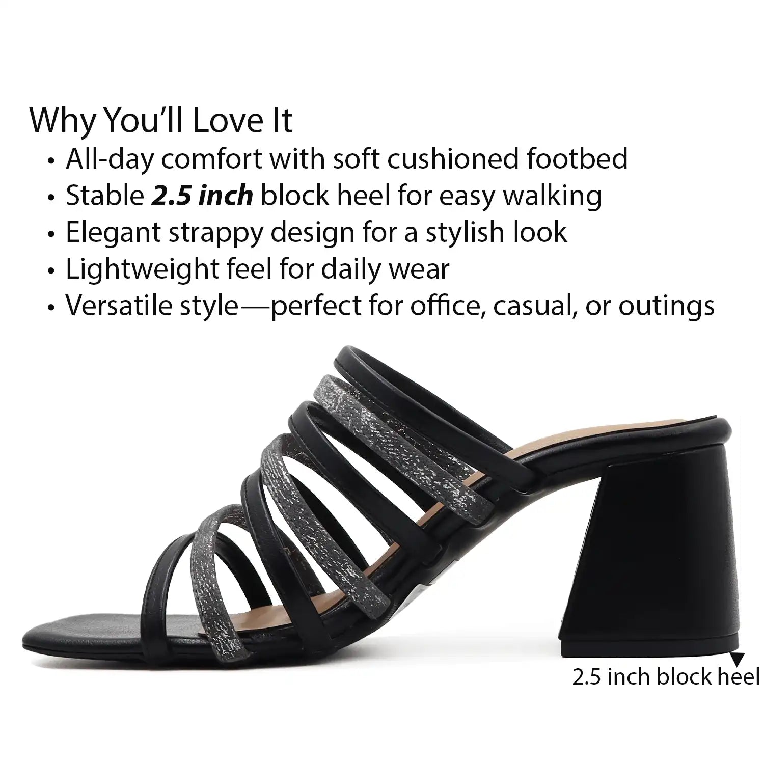 Black strappy block heel sandals for women product detail view