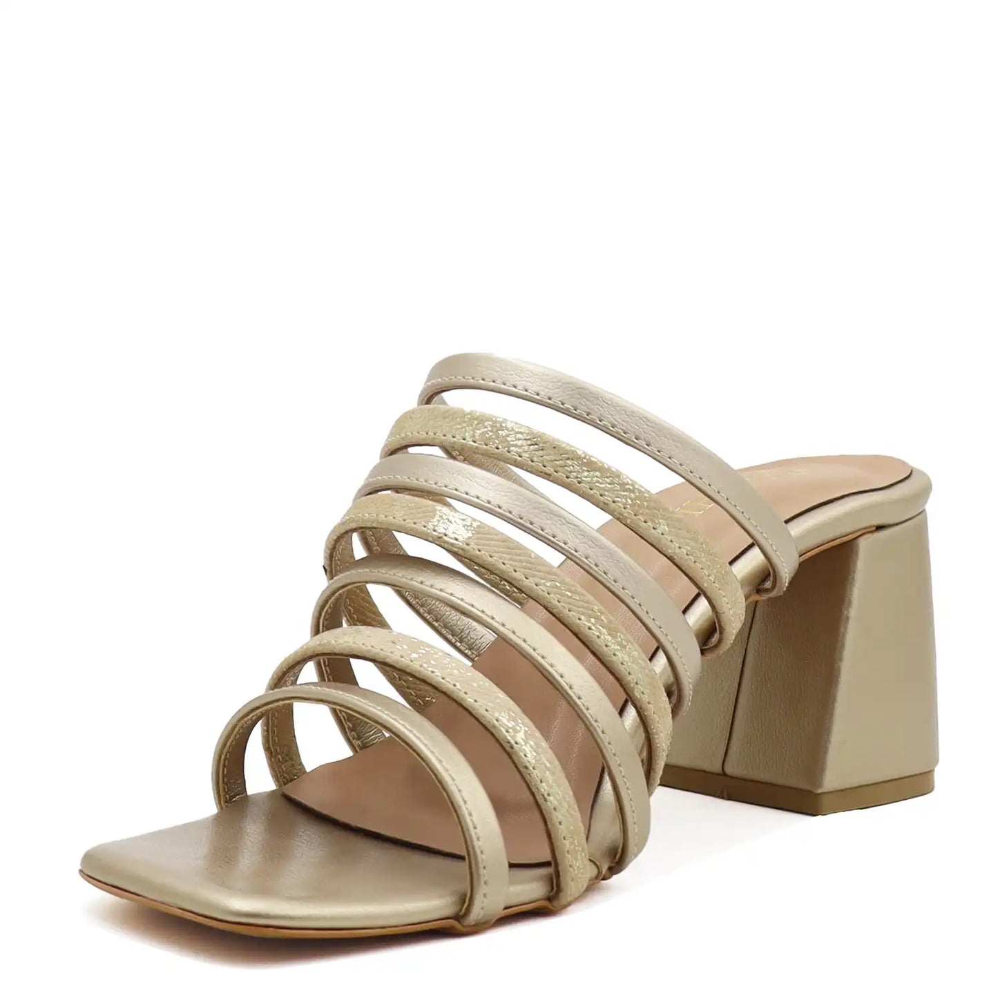 Beige strappy block heel sandals for women angled view