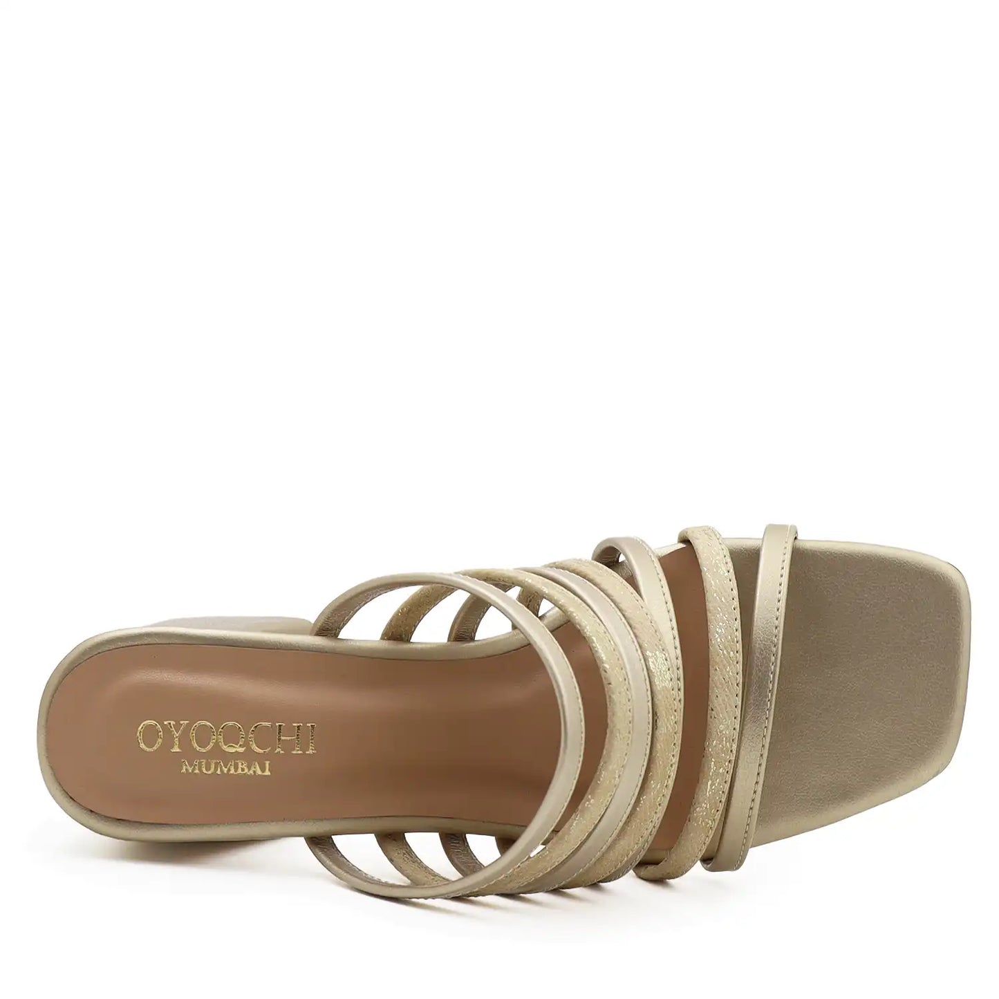 Beige strappy block heel sandals for women top view