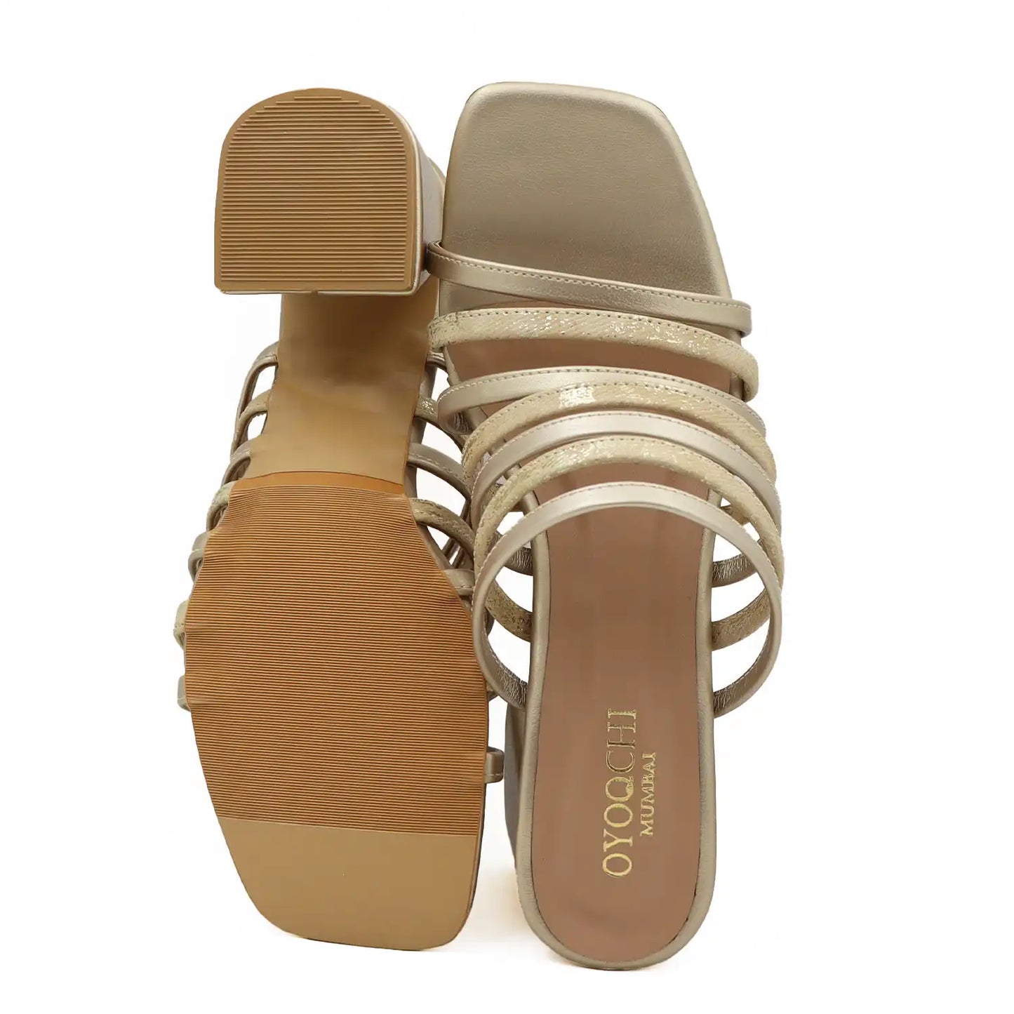 Beige strappy block heel sandals for women sole and top view