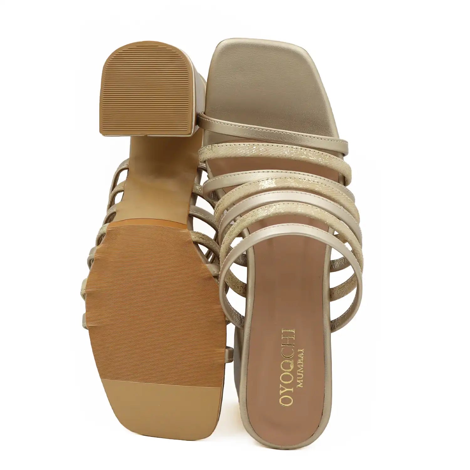 Beige strappy block heel sandals for women sole and top view