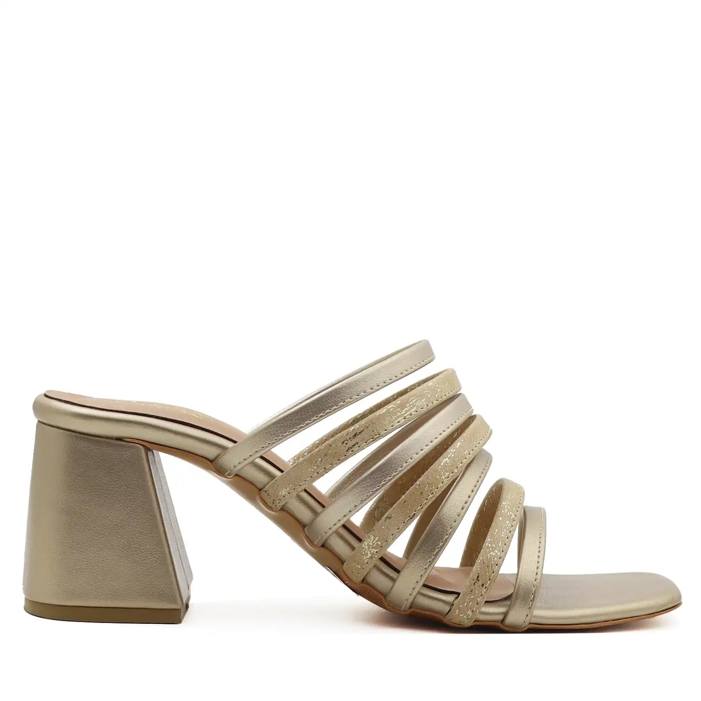 Beige strappy block heel sandals for women full profile view