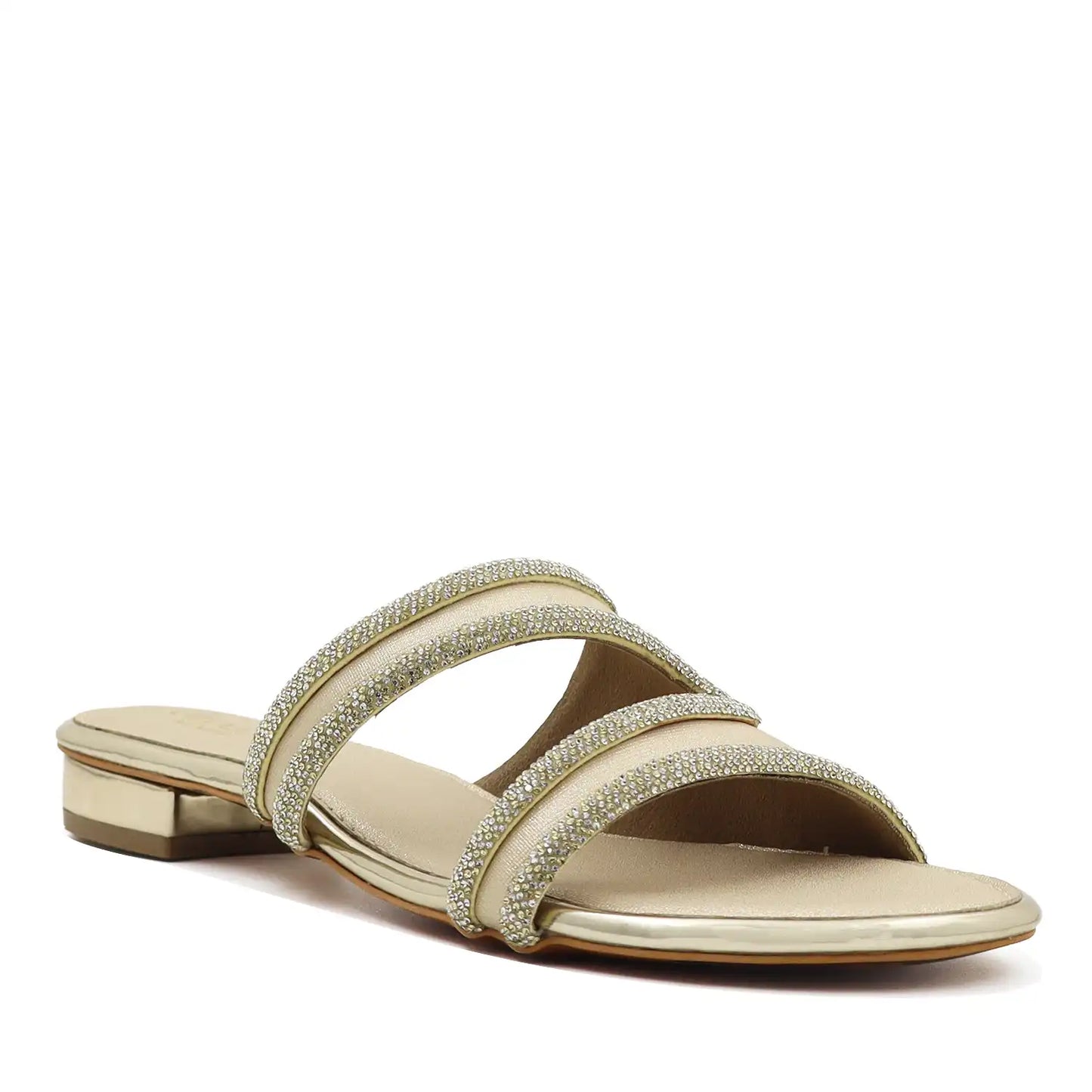 Women's gold  embellished flat sandal angled view