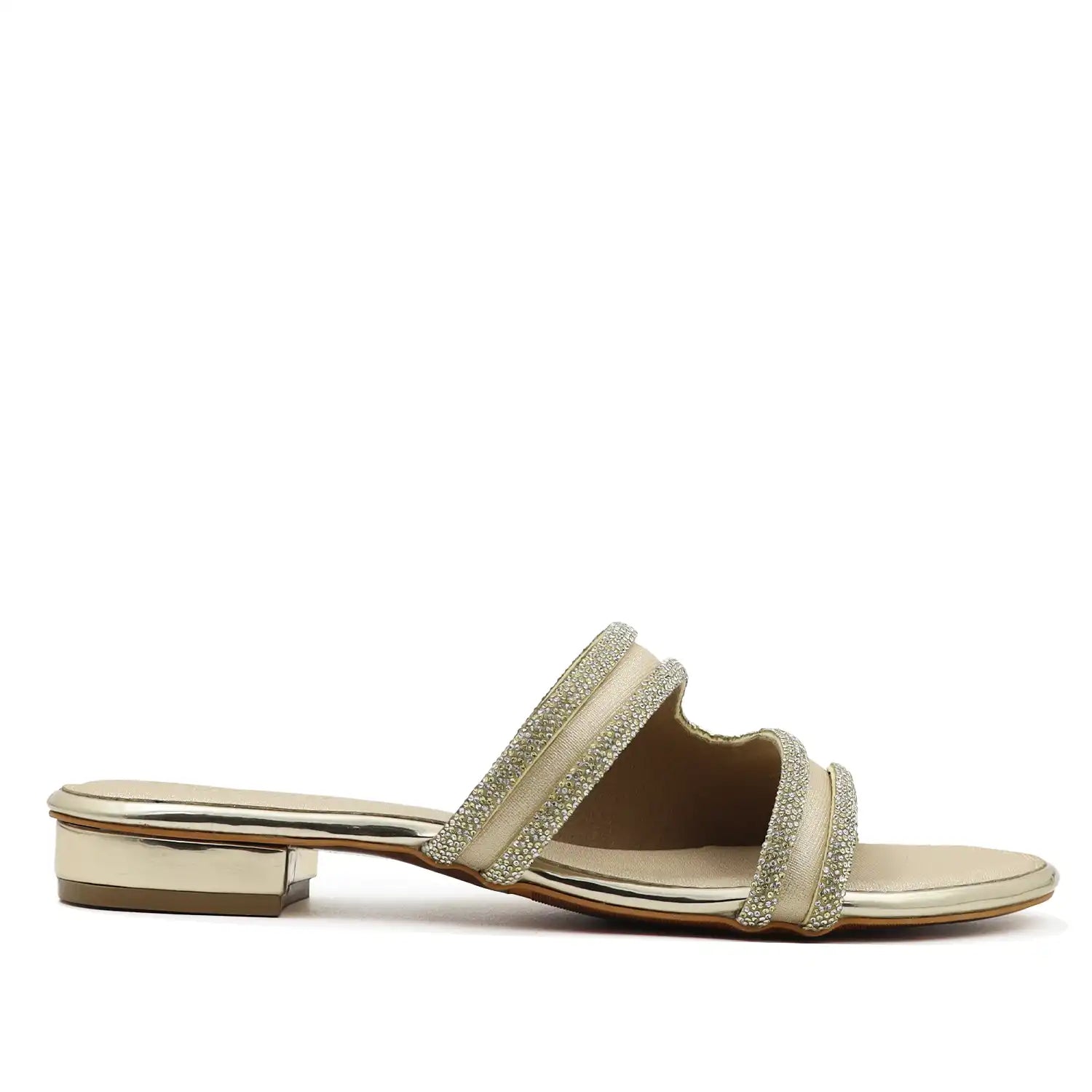 Oyoqchi women's gold flat sandal with rhinestone details on a white background