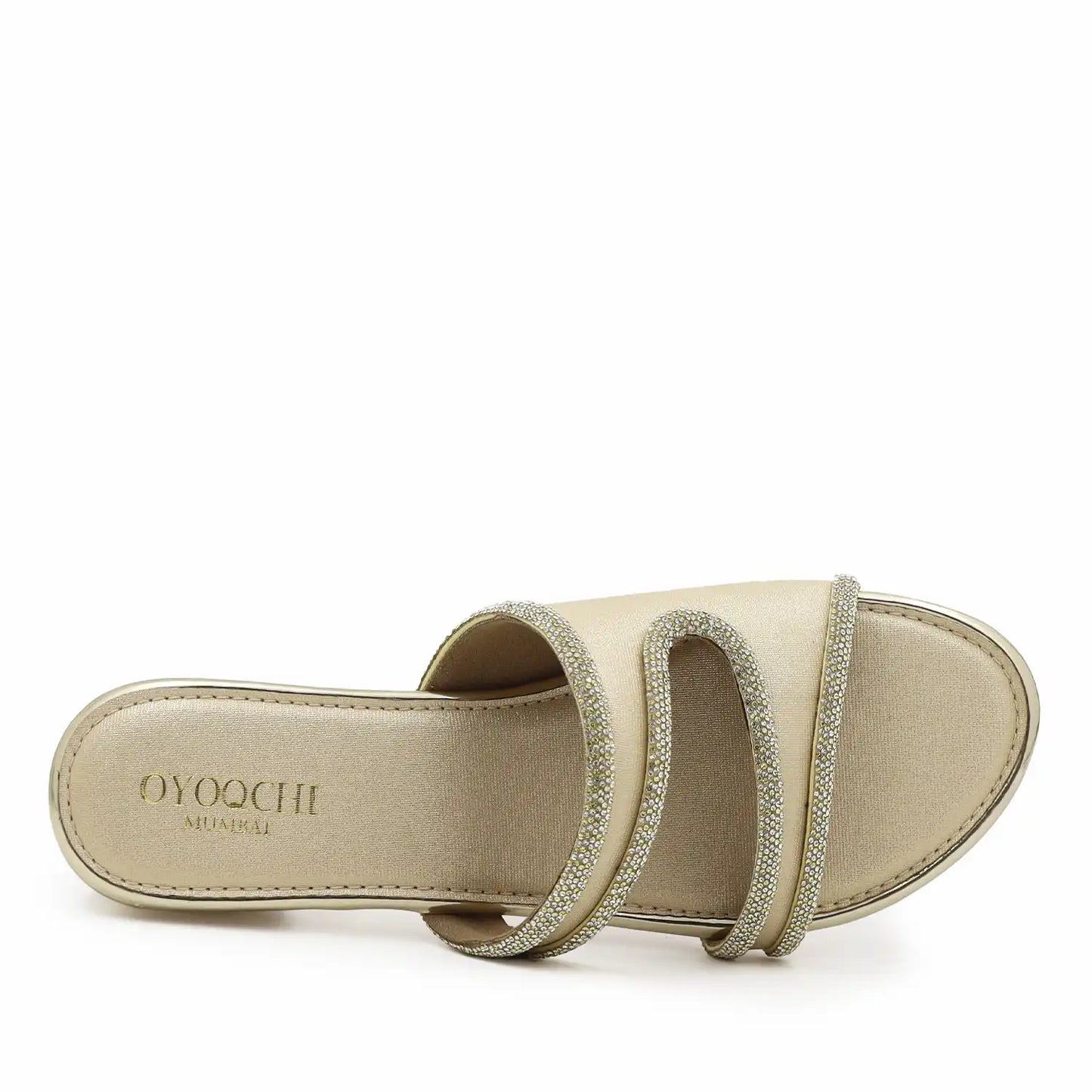 Top view of women's gold embellished sandals
