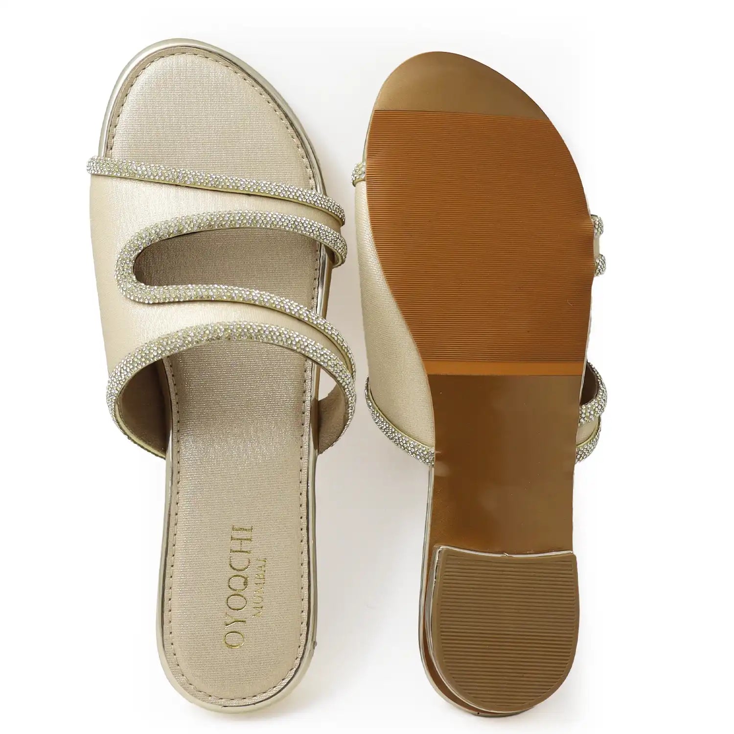 Top and and sole view of women's embellished sandals