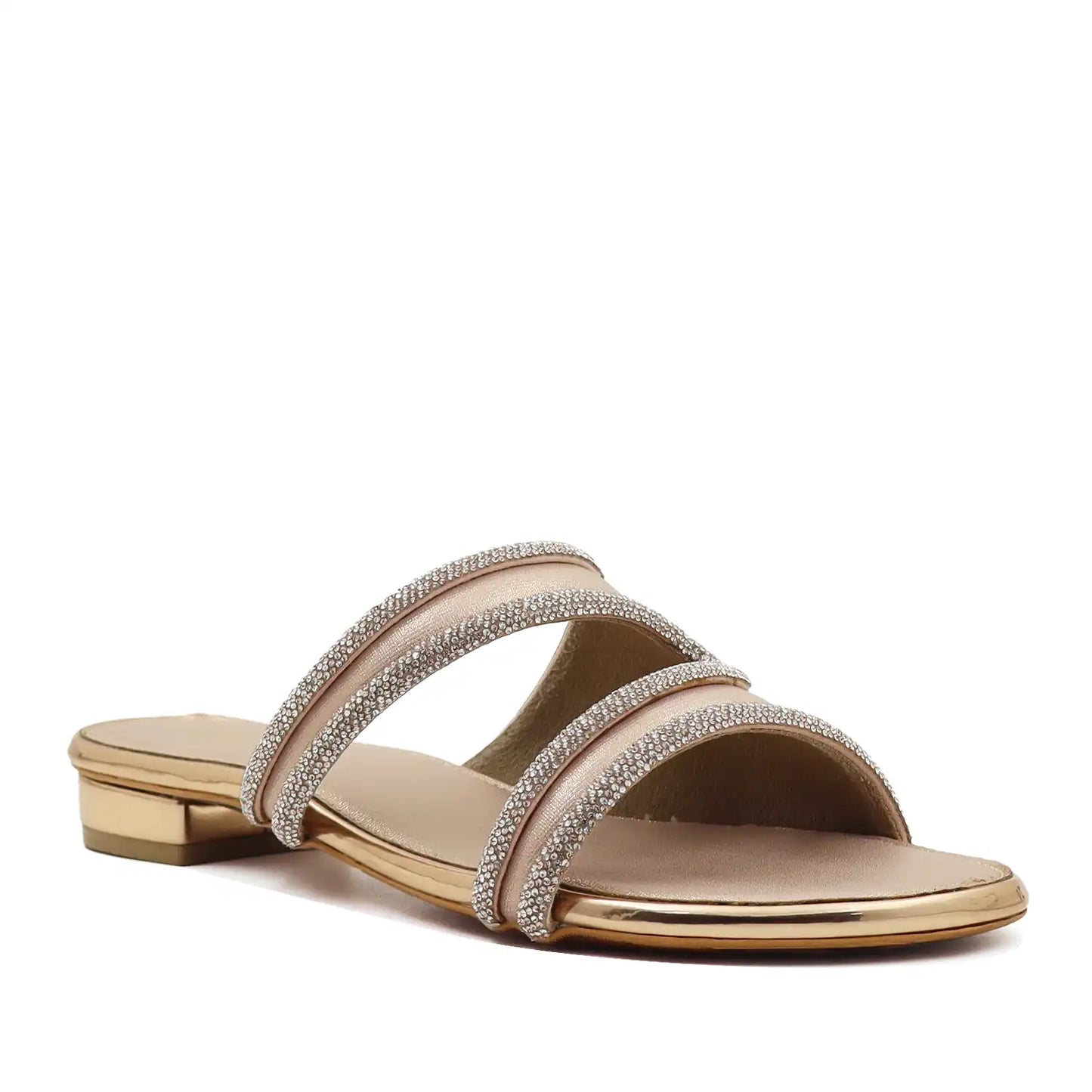 angled view of women's rose gold embellished flat sandals