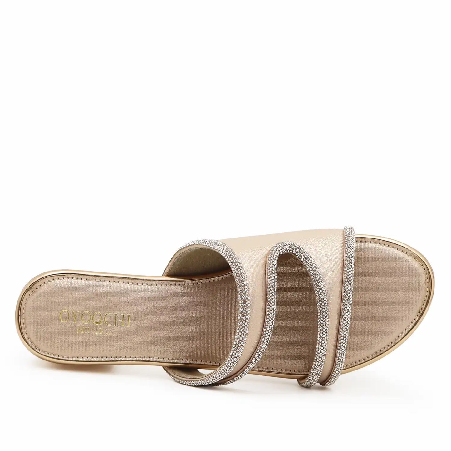 Top view of women's rose gold embellished flat sandals