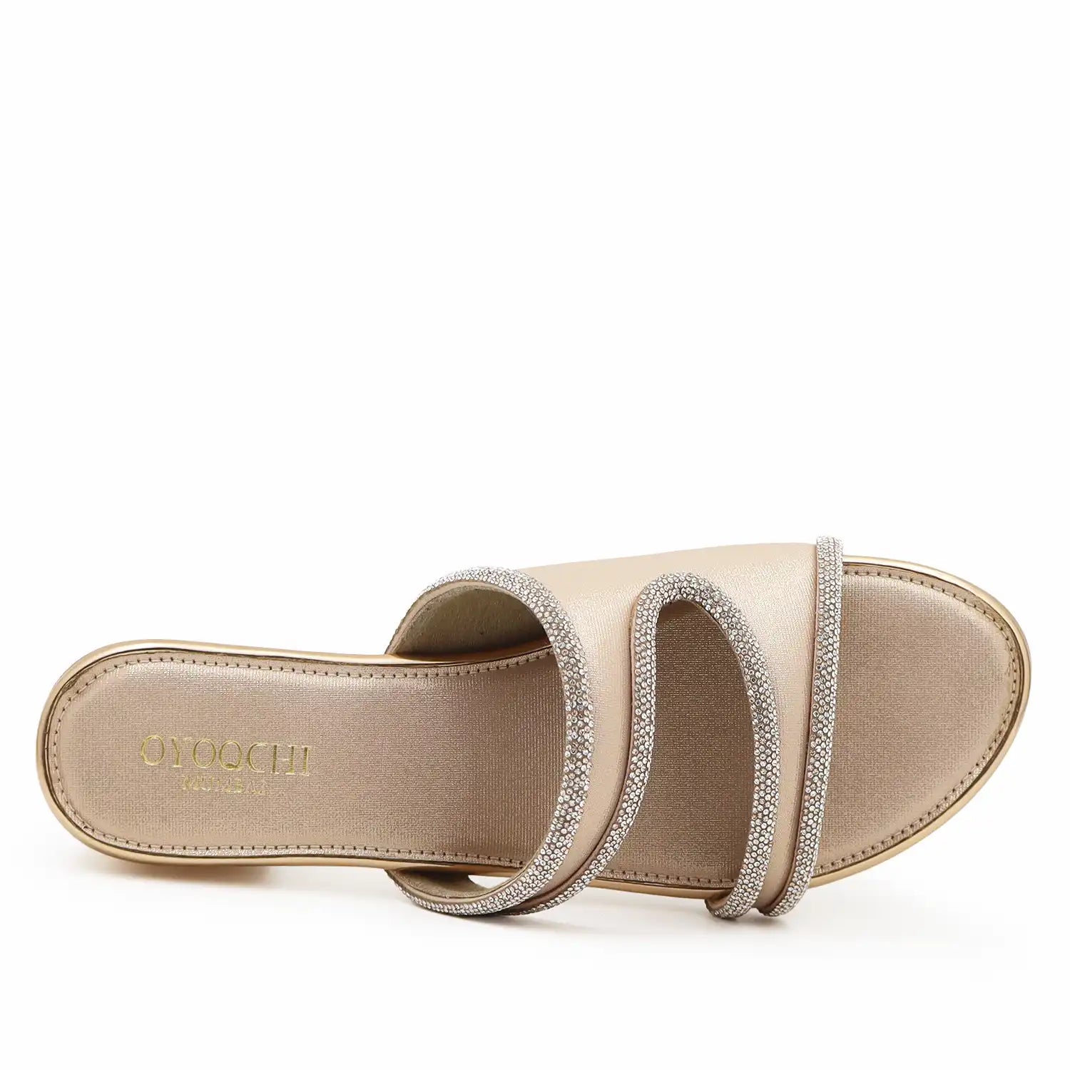 Top view of women's rose gold embellished flat sandals