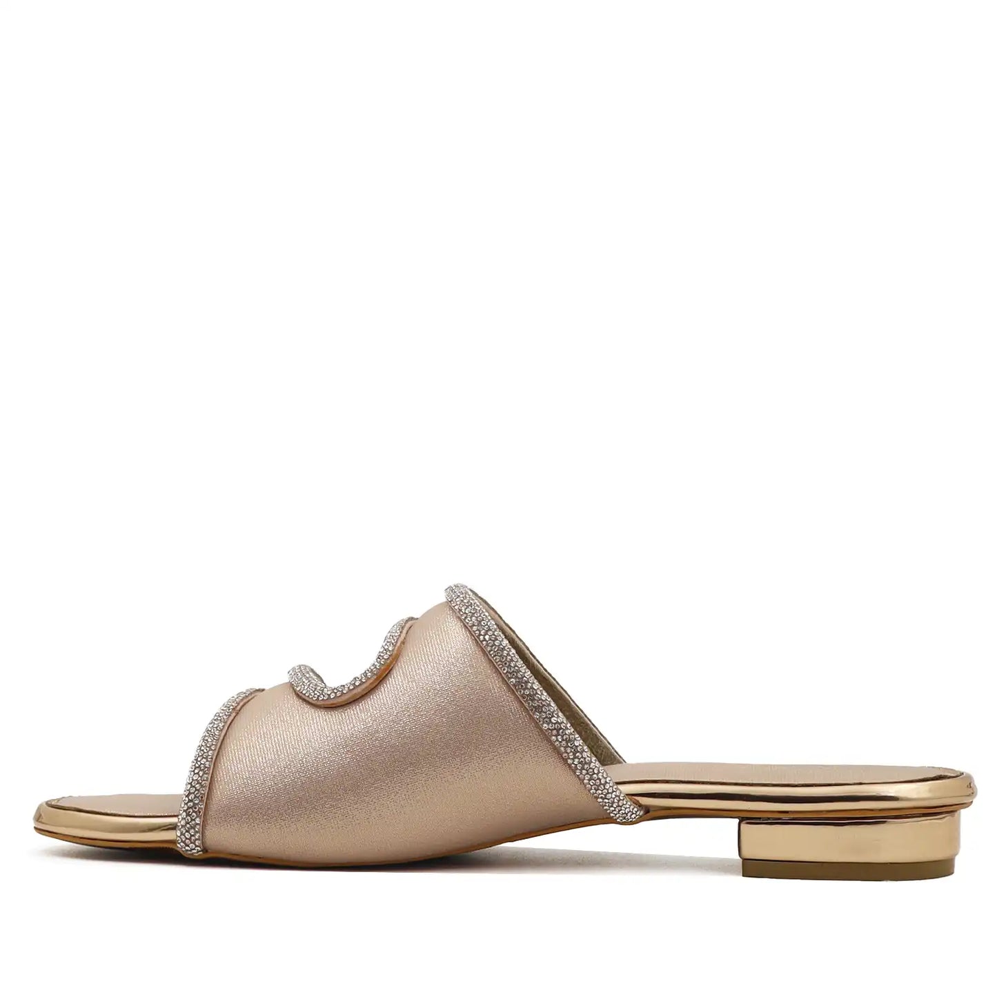 Oyoqchi women's rose gold embellished flat sandals, heel and side view