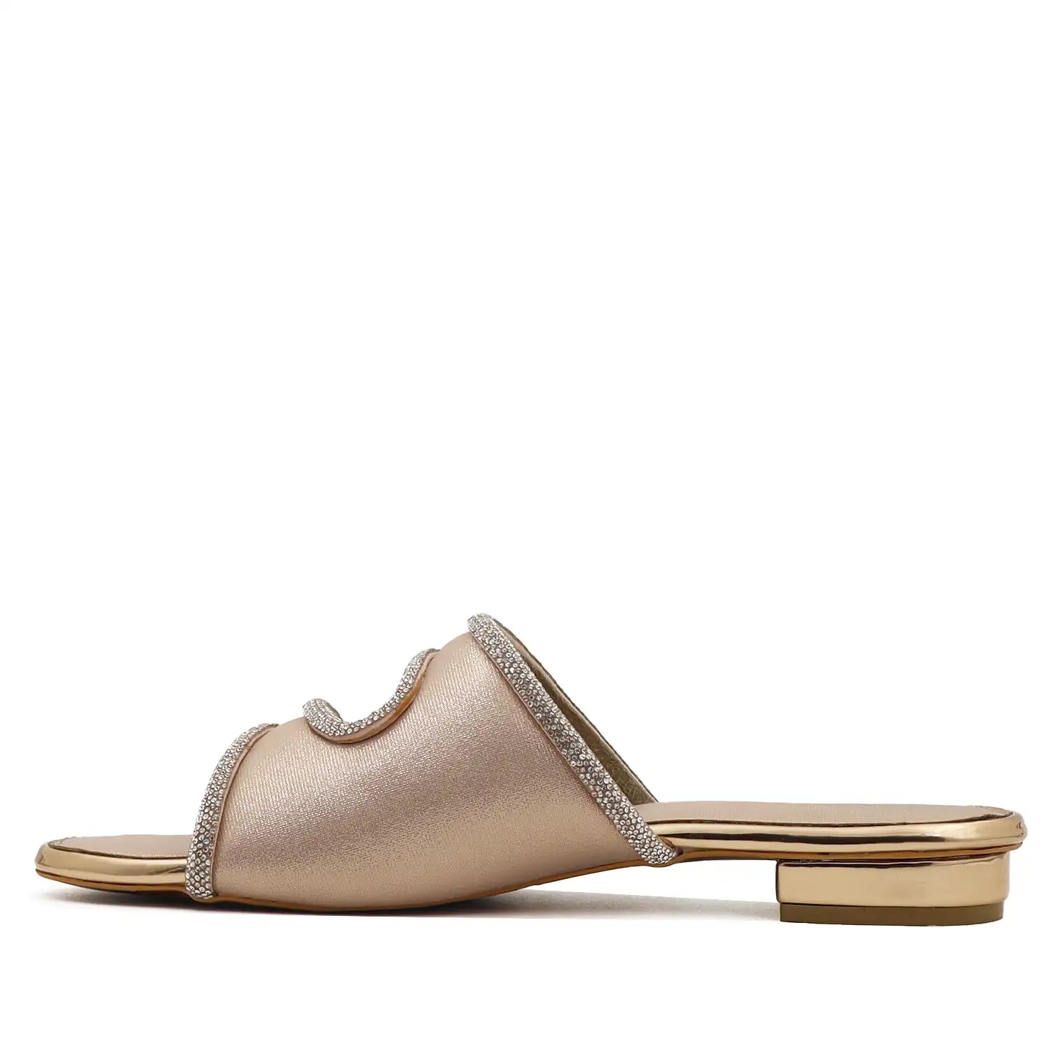 Oyoqchi women's rose gold embellished flat sandals, heel and side view