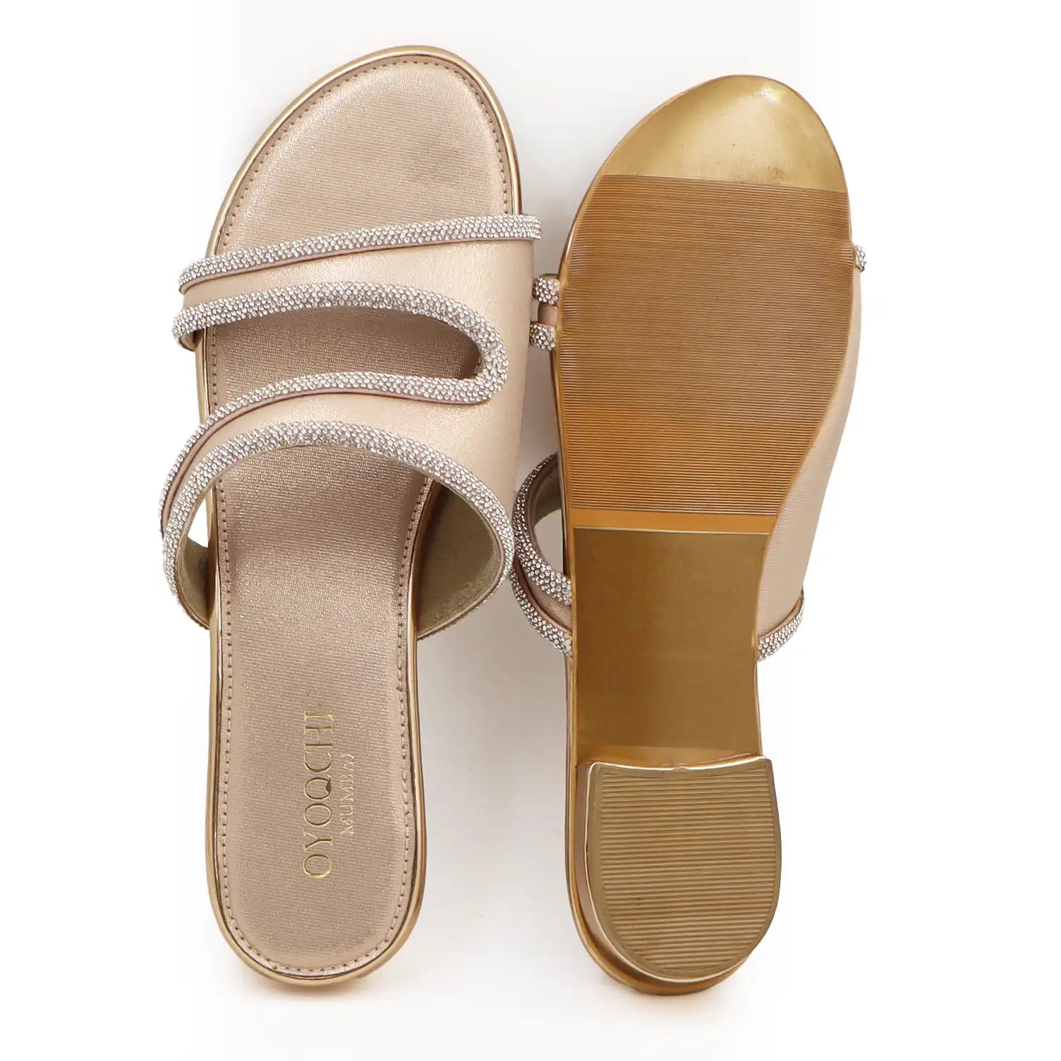 Top and sole view of women's rose gold embellished flat sandals