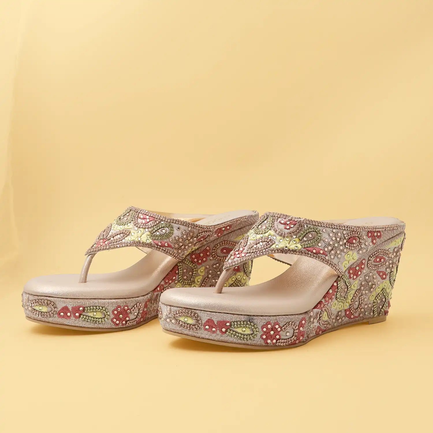 Oyoqchi women's embellished 4 inch wedge heel sandals with ultra soft comfort footbed available in Rose Gold and Gold.