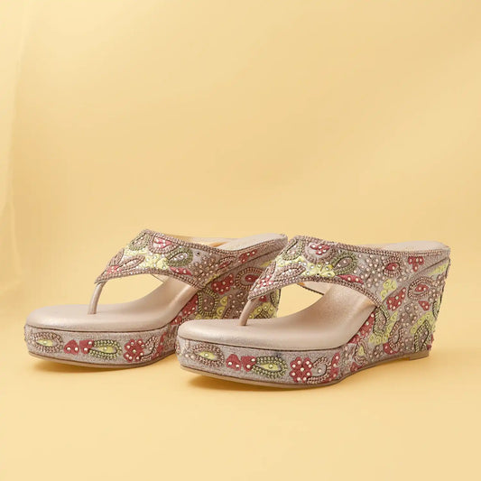 Oyoqchi women's embellished 4 inch wedge heel sandals with ultra soft comfort footbed available in Rose Gold and Gold.