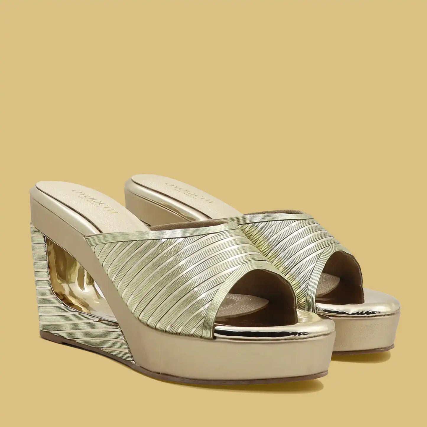 Gold high-heeled wedge sandals for women, front view