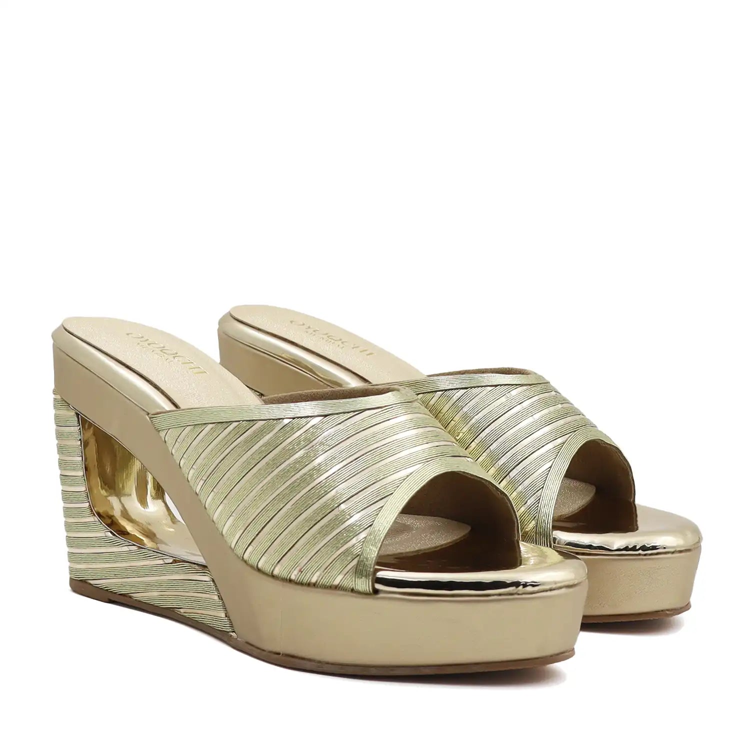 Oyoqchi gold wedge high-heeled sandals, pair view