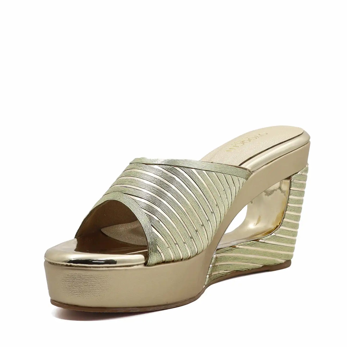 Oyoqchi gold wedge high-heeled sandals, angled view 