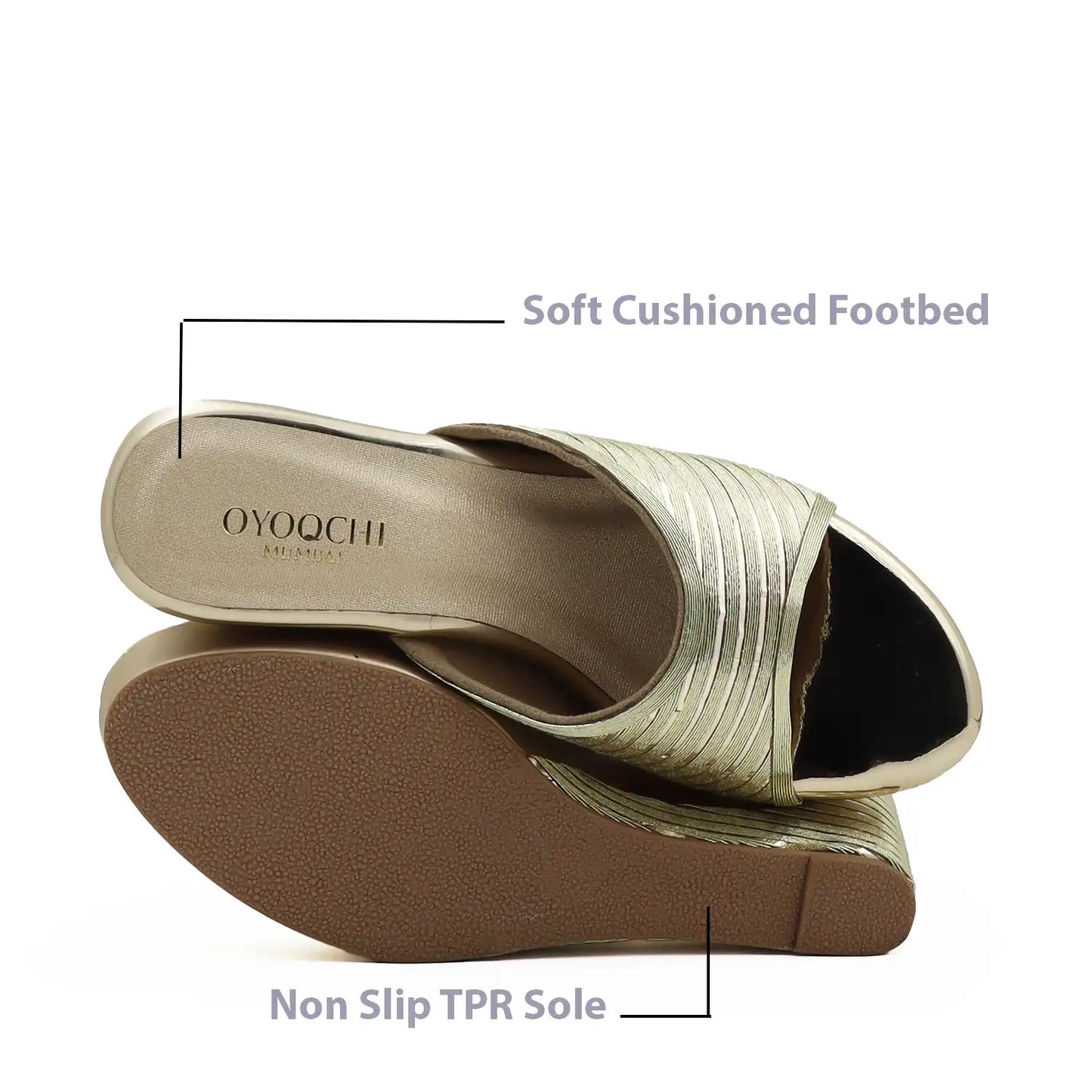View of OYOQCHI sandal mentioning soft cushioned footbed and non-slip TPR sole 