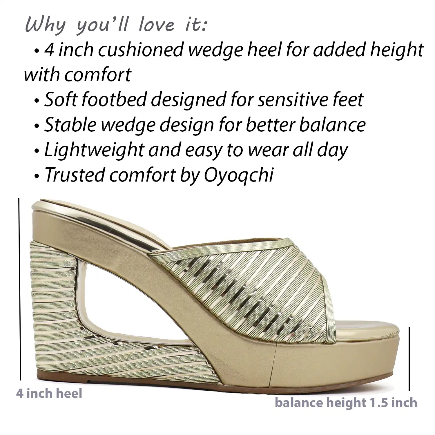 Gold wedge heel sandal with text highlighting features on a white background