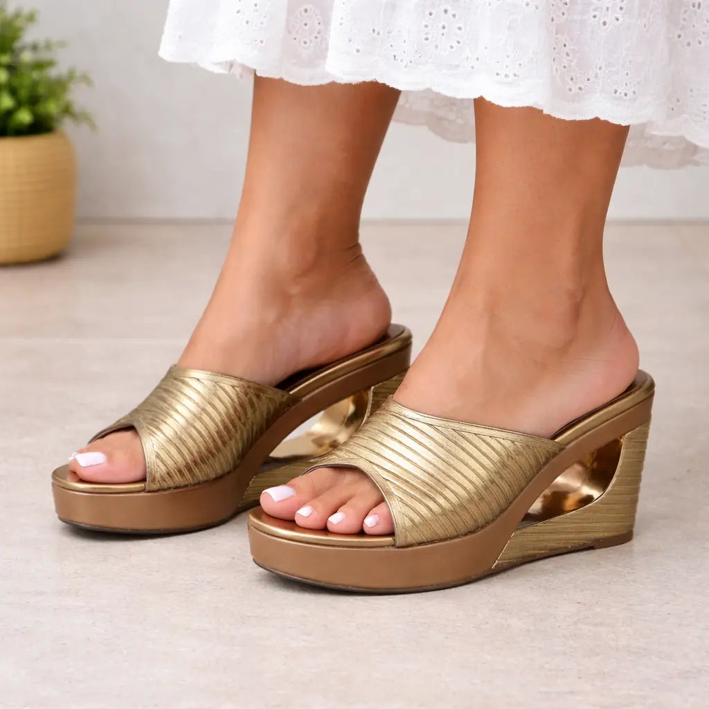 Lifestyle view of antique wedge heel sandals for women