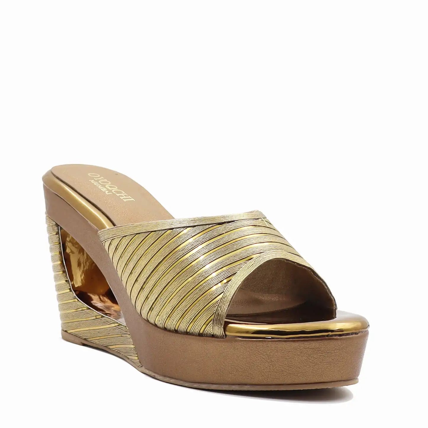 Angled view of women's antique wedge heel sandals