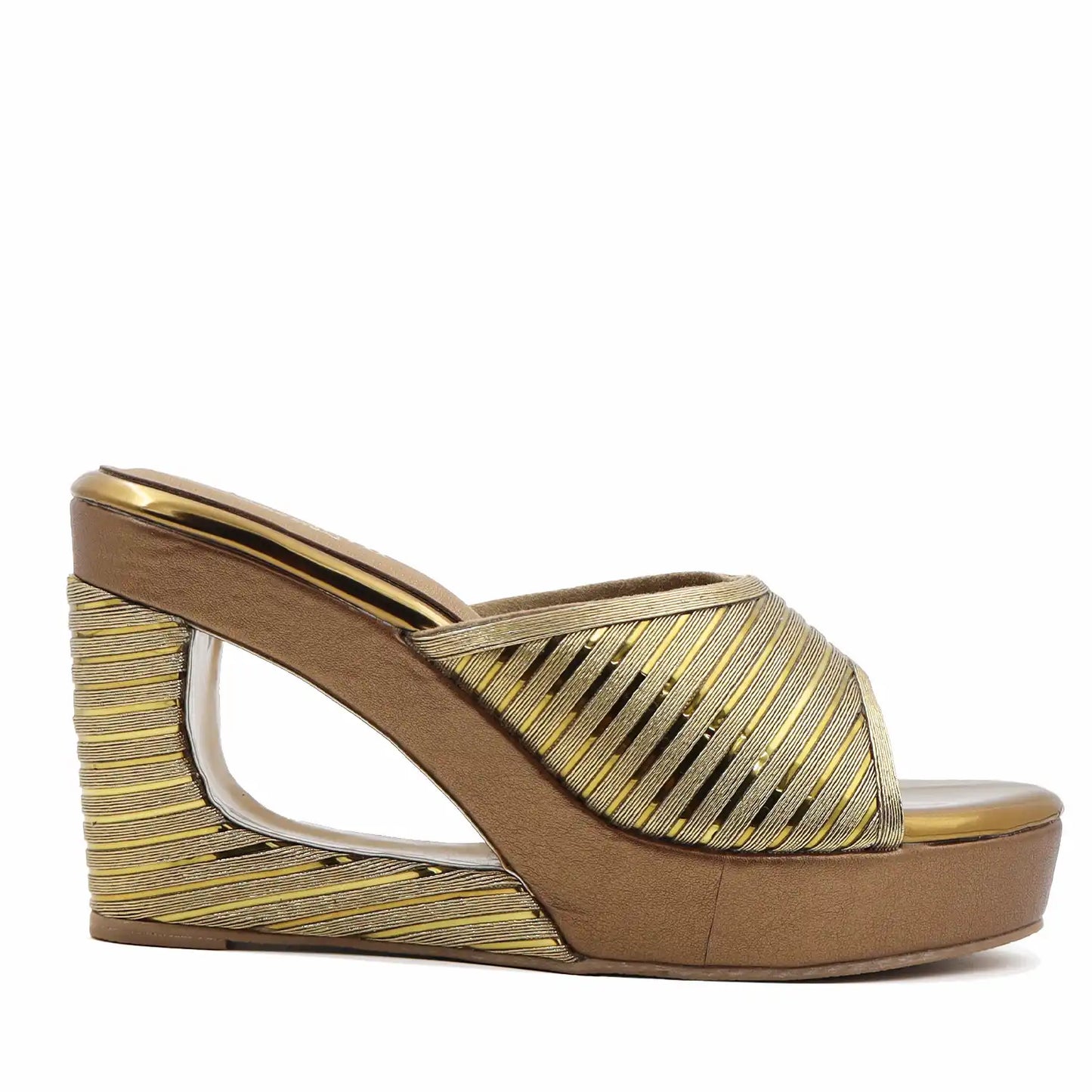 Side profile view of women's antique wedge heel sandals
