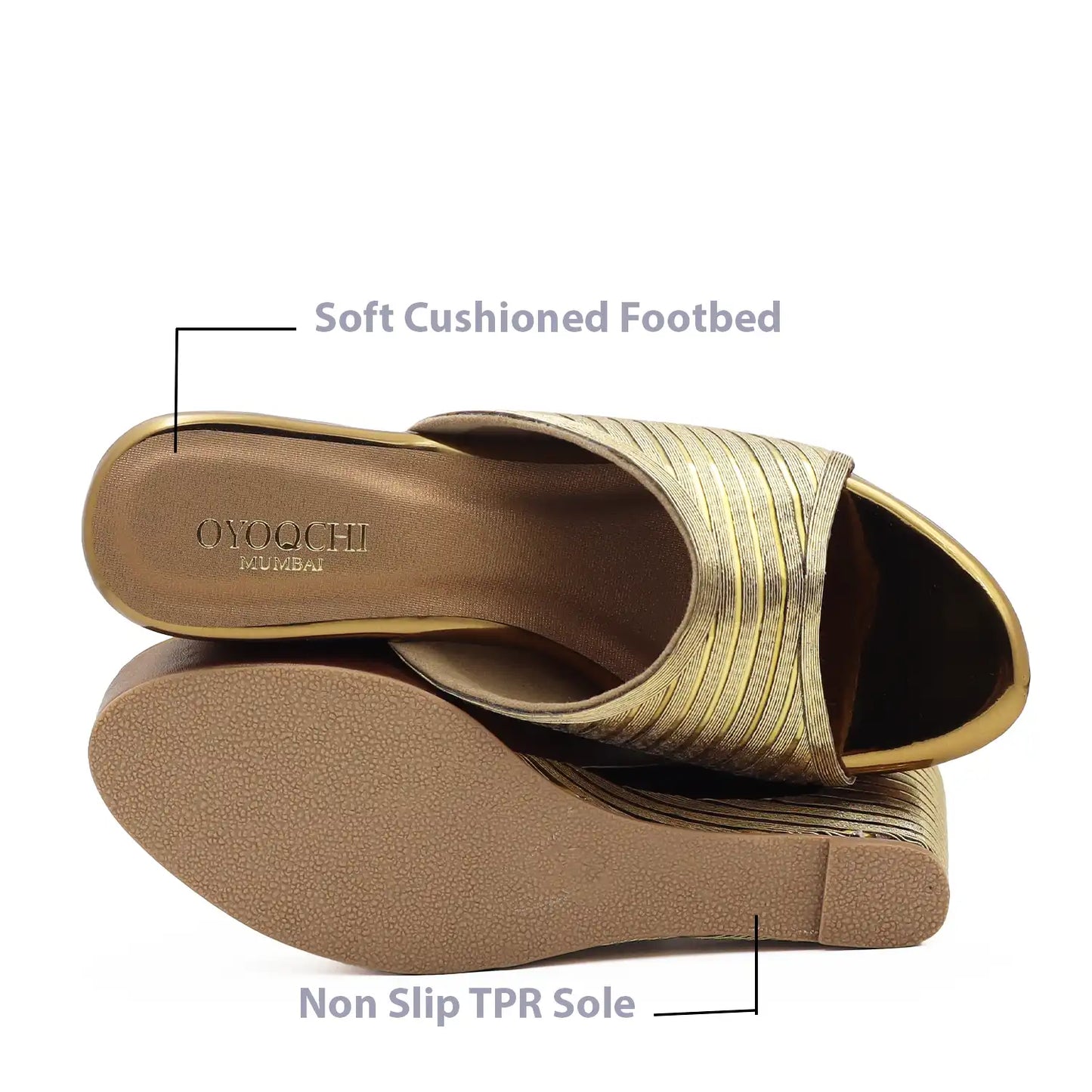 Oyoqchi's Women's antique sandal with labeled soft cushioned footbed and non-slip TPR sole on a white background