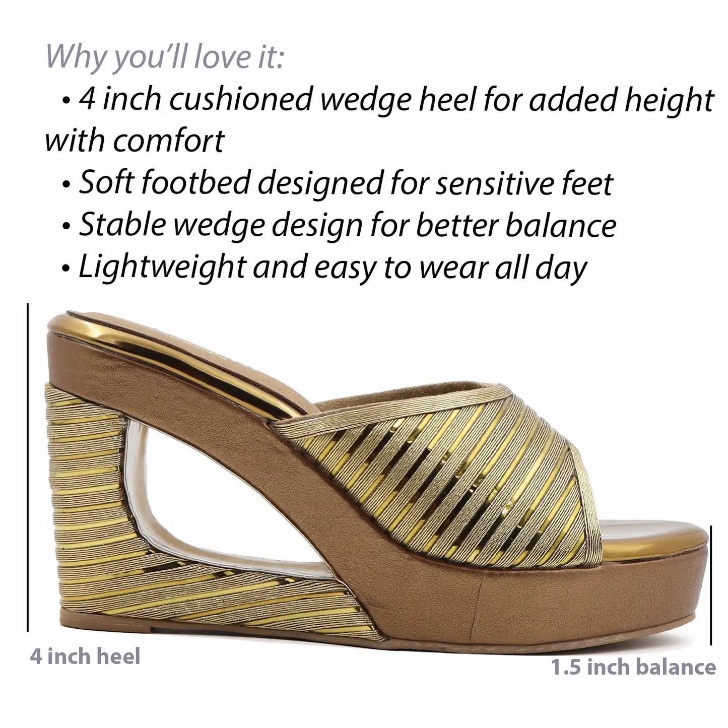 Detail view of women's antique wedge heel sandals